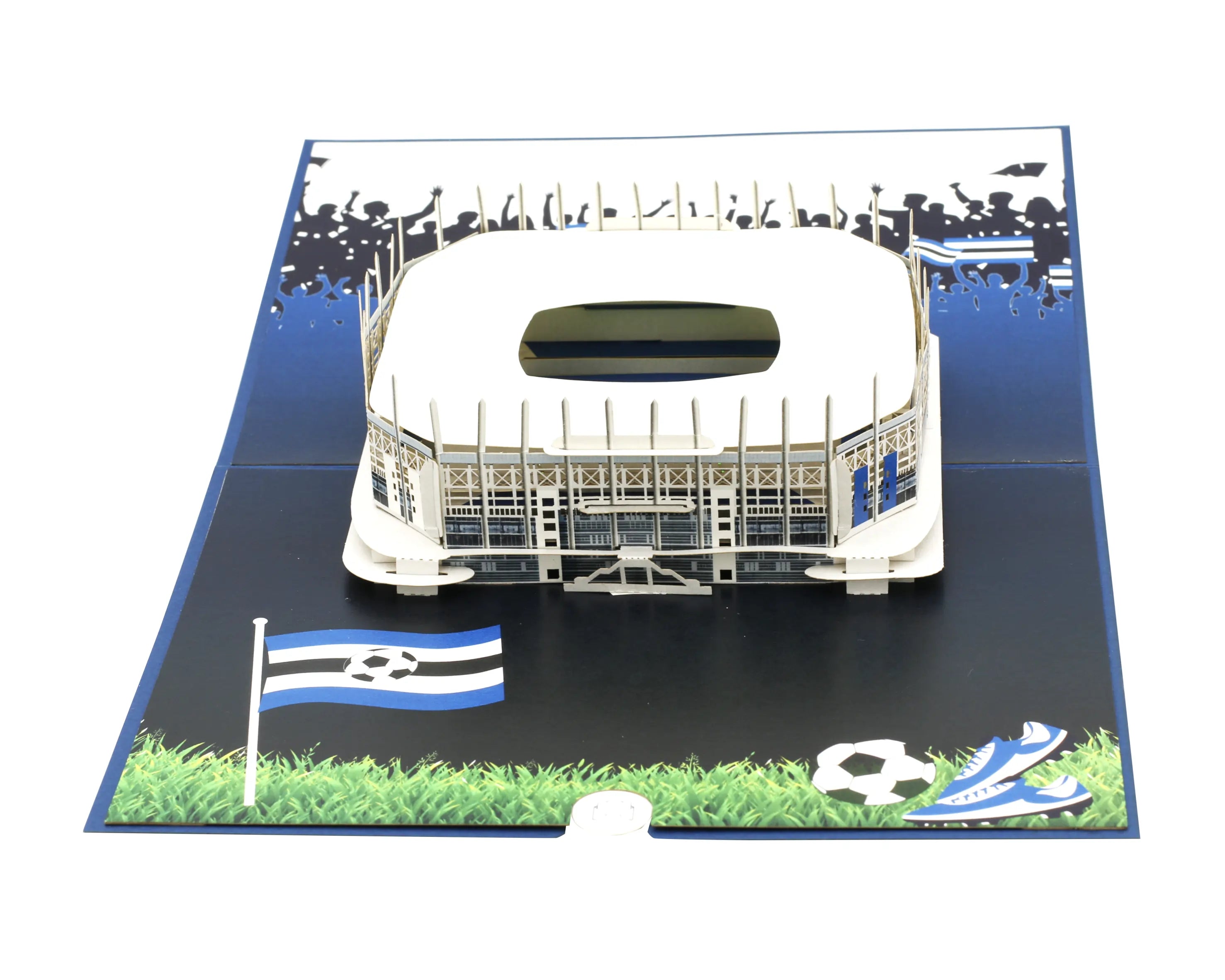 Aufgeklappte Pop-up-Karte mit dem Hamburger Stadion, Fahne und Fußball auf grünem Rasen.