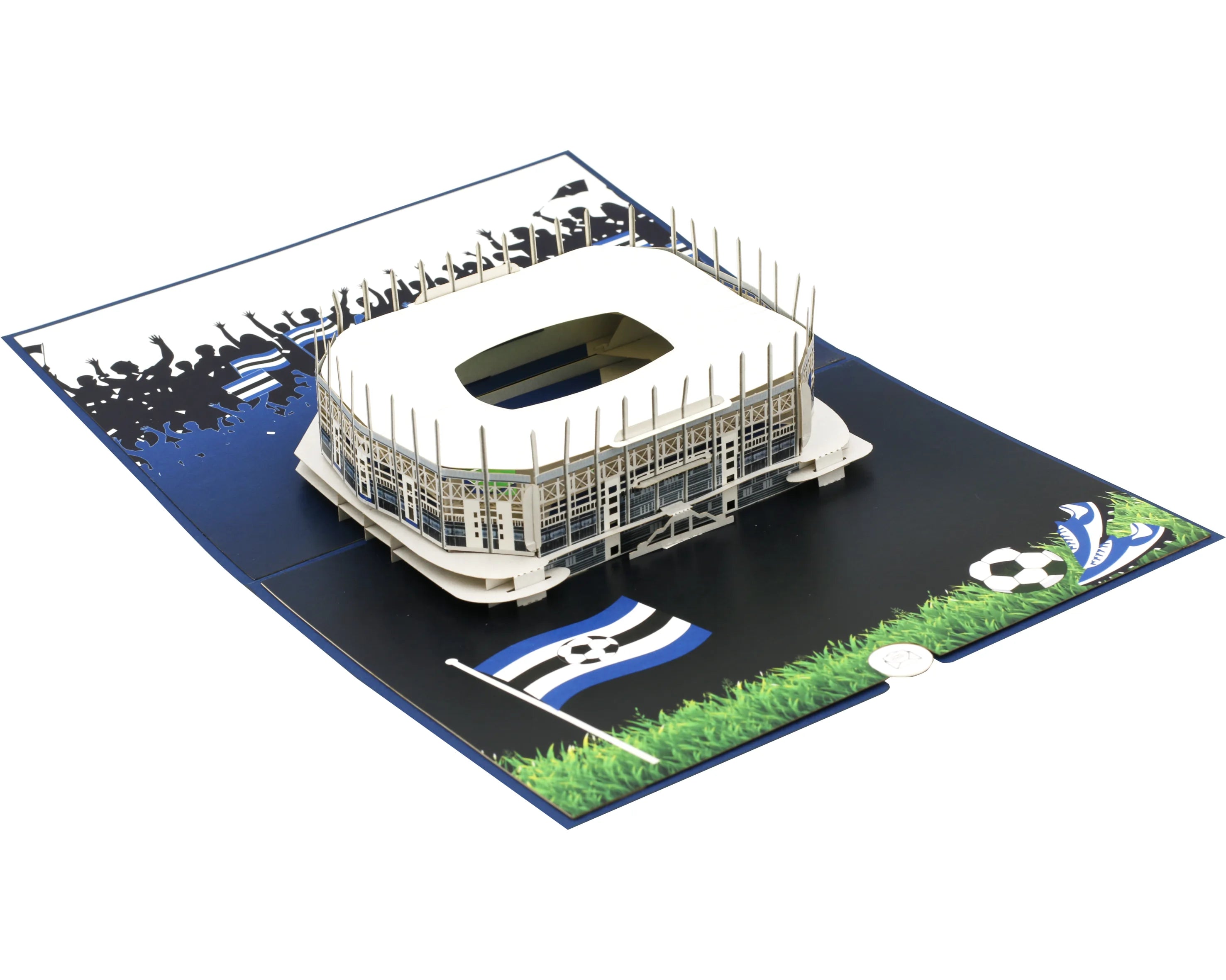 Aufgeklappte Pop-up-Karte mit dem Hamburger Stadion, von schräg oben fotografiert.