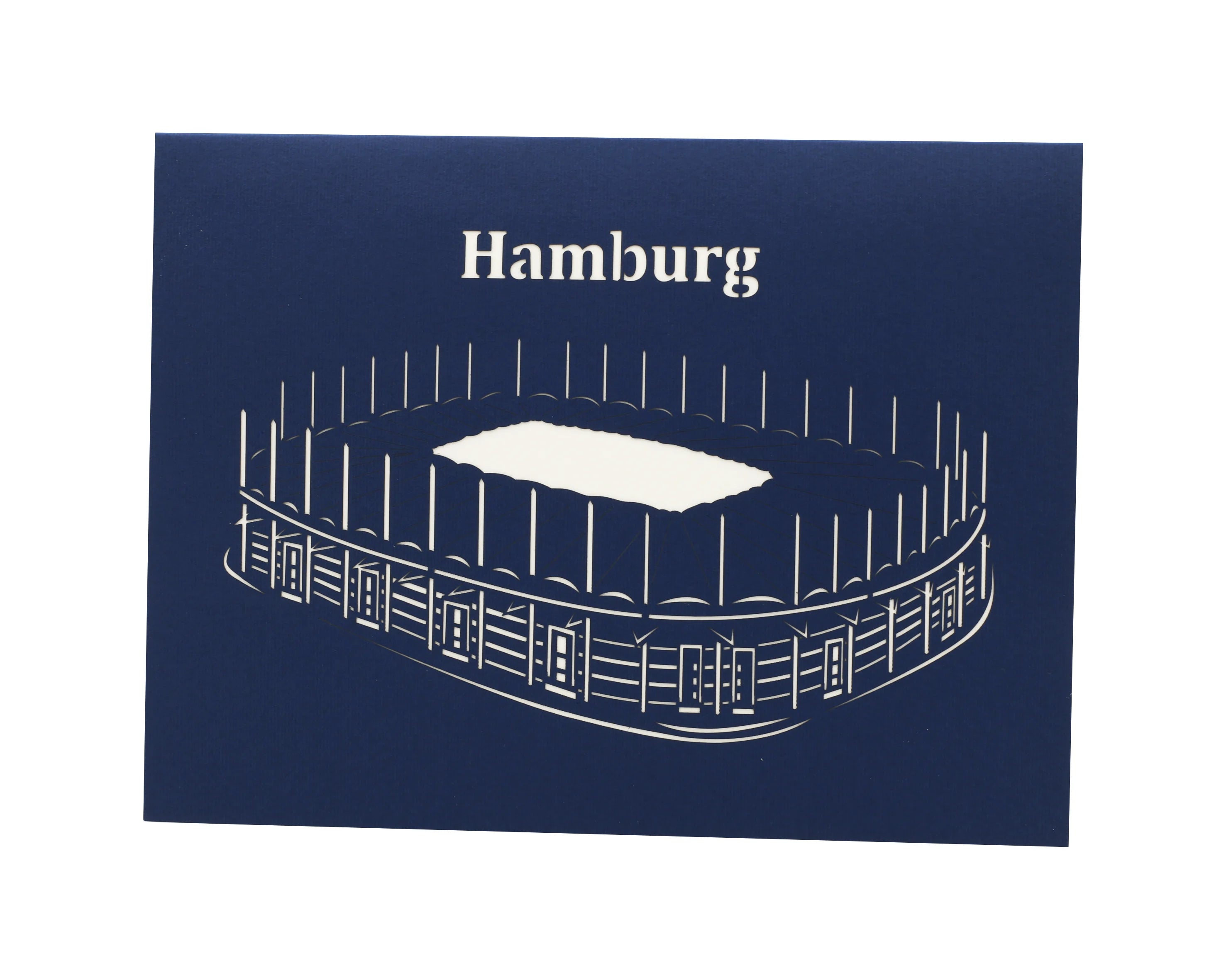 Geburtstagskarte mit dem Schriftzug Hamburg und einem Scherenschnitt vom Hamburger Stadion.