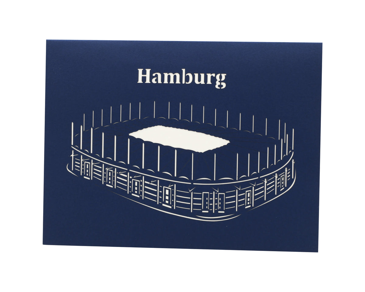 Geburtstagskarte mit dem Schriftzug Hamburg und einem Scherenschnitt vom Hamburger Stadion.
