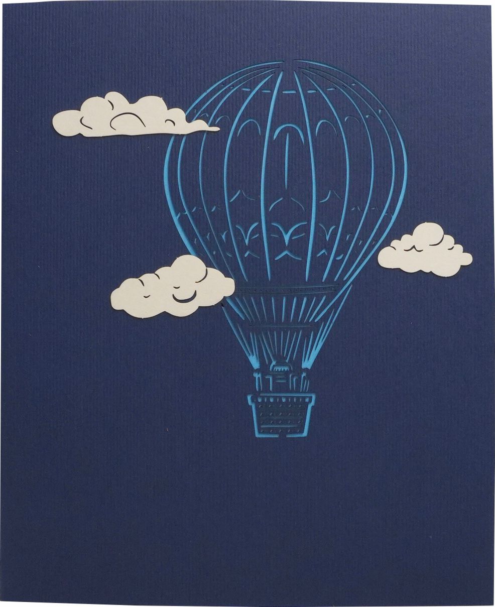 karte in blau mit heißluftballon und wolken