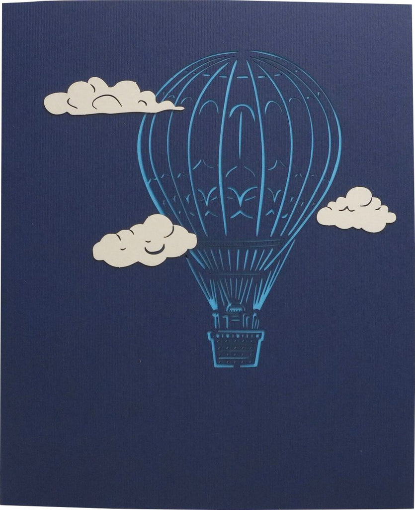 karte in blau mit heißluftballon und wolken
