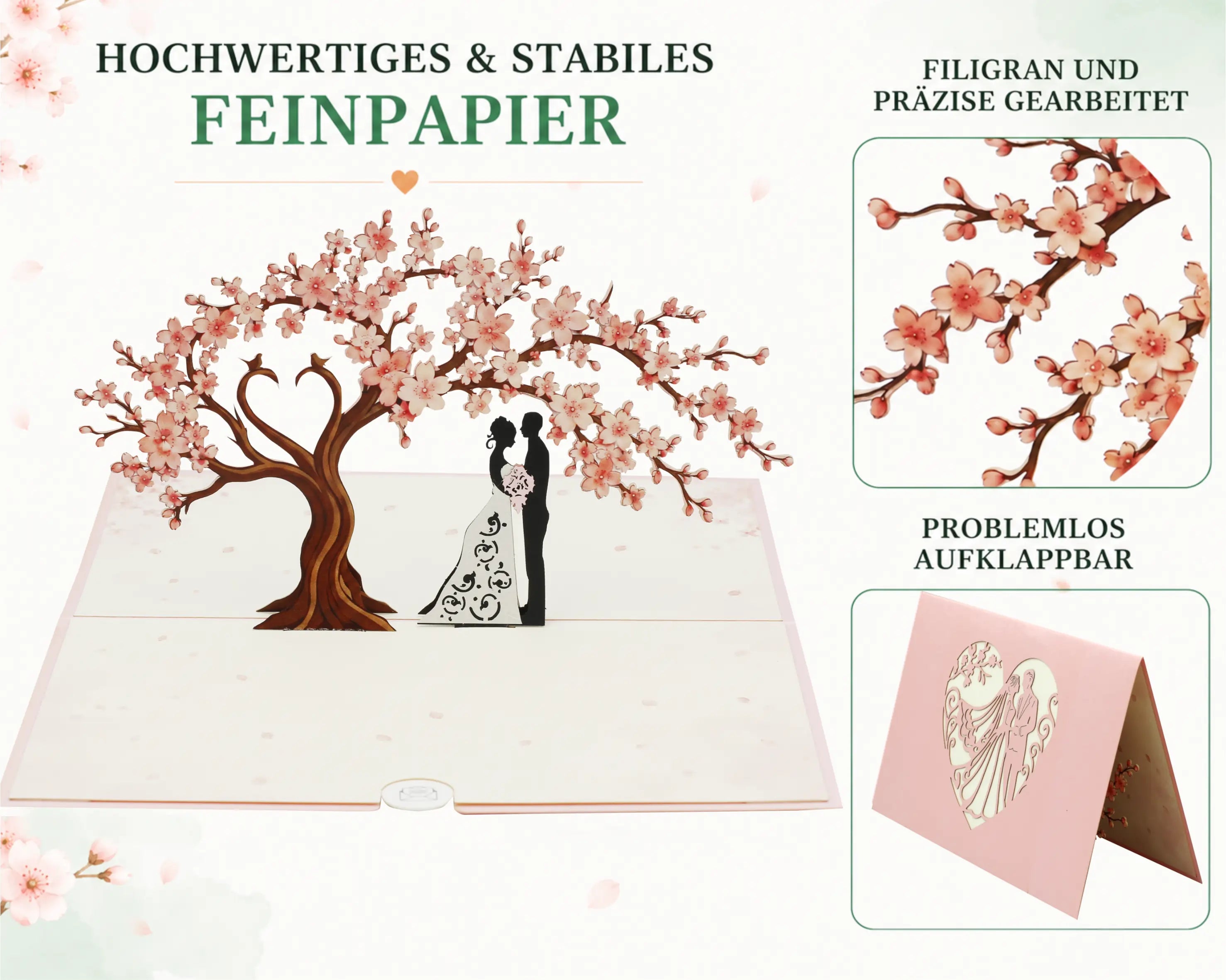 Aufgeklappte Pop-up-Karte mit filigranem Kirschblütenbaum und Brautpaar in der Mitte, daneben Detailansicht der Blüten und geschlossene Karte mit Herzmotiv.