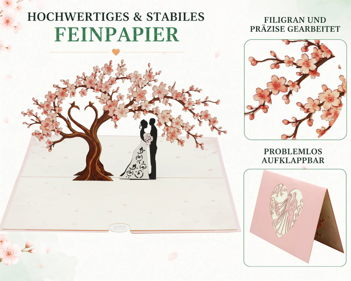 Aufgeklappte Pop-up-Karte mit filigranem Kirschblütenbaum und Brautpaar in der Mitte, daneben Detailansicht der Blüten und geschlossene Karte mit Herzmotiv.