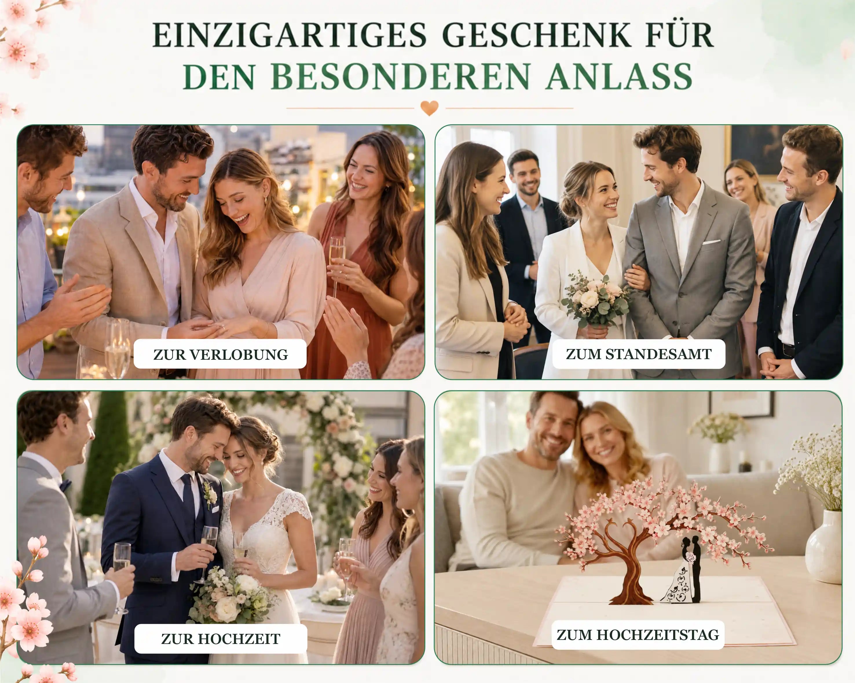 Vier Fotos zeigen Paare bei Verlobung, Standesamt, Hochzeit und Hochzeitstag, unten rechts eine aufgeklappte Pop-up-Karte mit eine Kirschbluetenbaum und einm Brautpaar