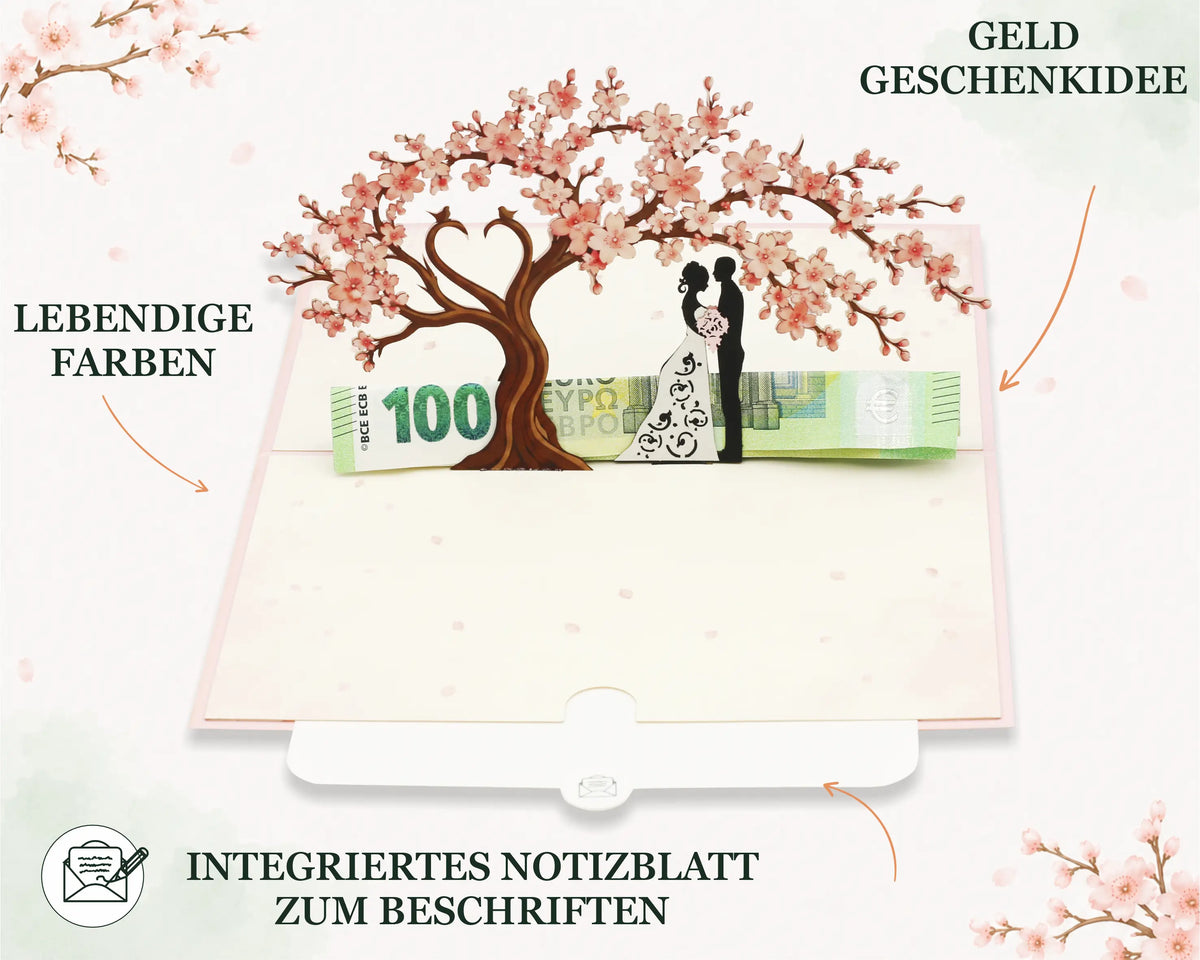 Aufklappbare Karte mit Kirschblütenbaum, Silhouette eines Brautpaares und einem gefalteten Geldschein vor hellem Hintergrund, umgeben mit Texten: Geld Geschenkidee, integriertes Notizblatt zum Beschriften und lebendige Farben