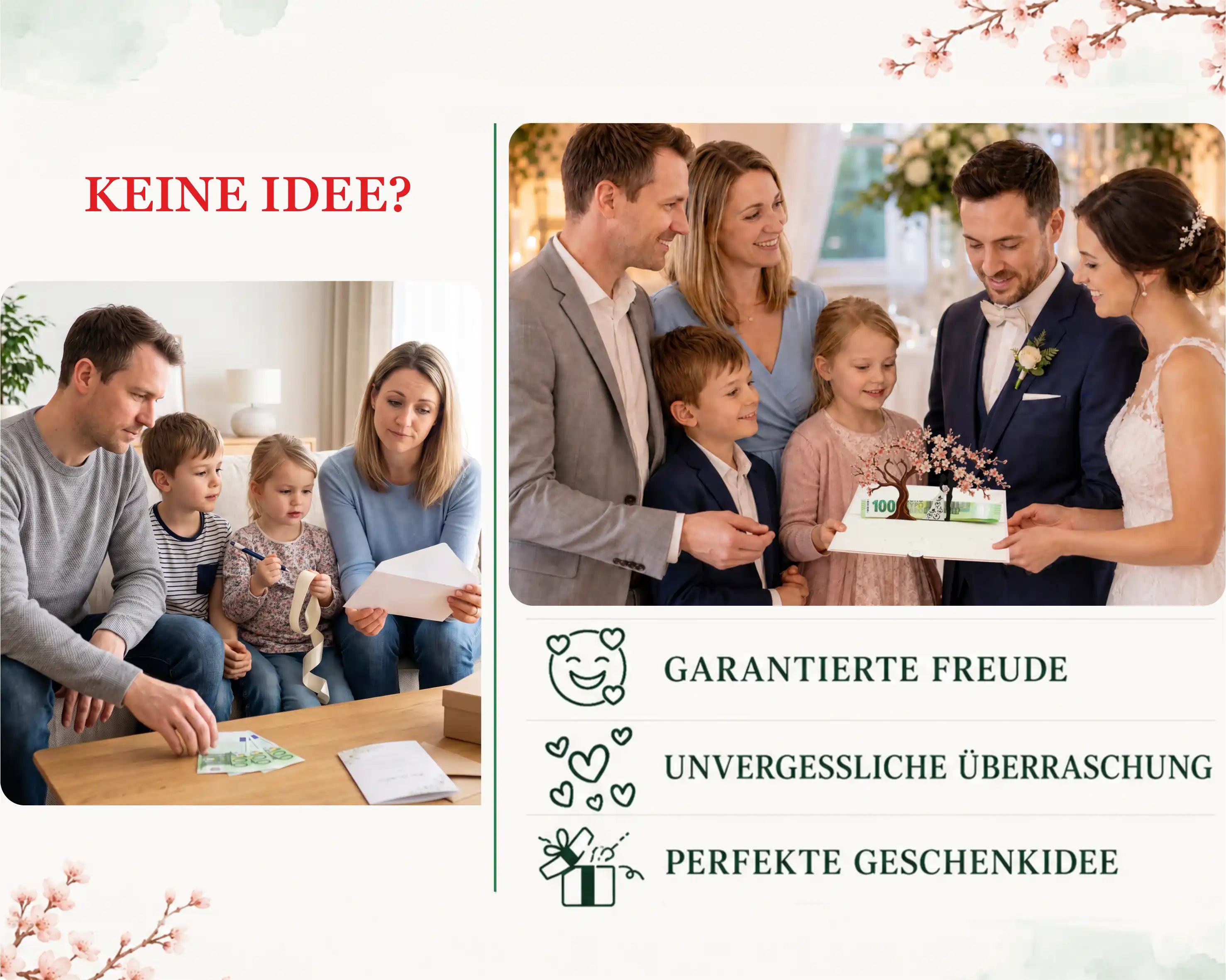 Familie sitzt am Tisch und hat keine Idee für ein Geldgeschenk fuer eine Hochzeit, daneben lächeln mehrere Erwachsene und Kinder bei einer Hochzeit um eine Pop-up-Karte mit Kirschblüten, in der das Geldgeschenk verpackt ist.