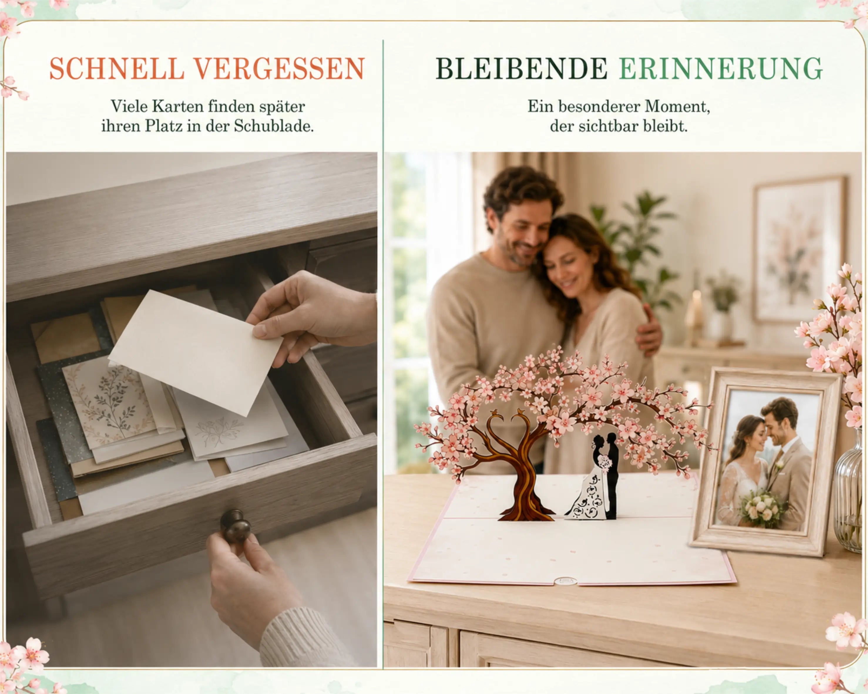 Rosa Pop-up-Hochzeitskarte mit blühendem Baum und Brautpaar als bleibende Erinnerung auf einer Kommode