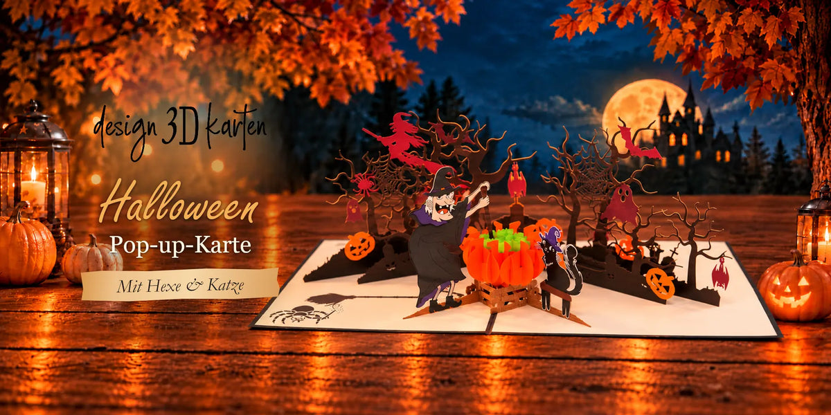 Halloween-Pop-Up-Karte mit Hexe, schwarzer Katze und Kürbissen vor einer herbstlichen Nachtkulisse.