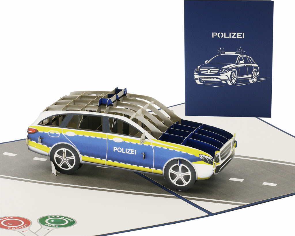 Pop Up Karte mit Polizei auto auf einer straße und blauer karte