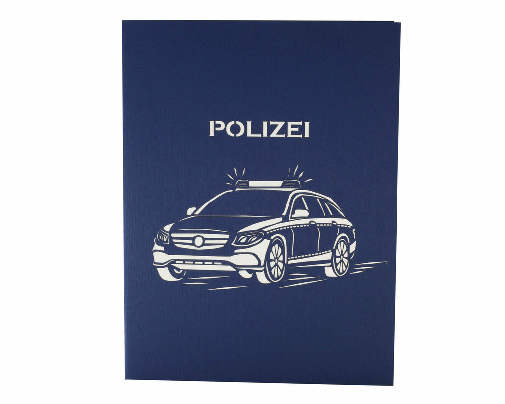 blaue karte mit einem Polizeiauto und Schrift Polizei