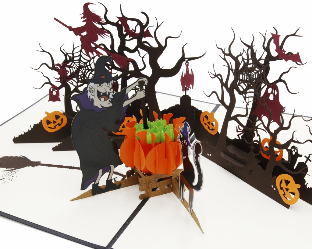 Pop Up Karte Hexe mit Katze und Halloween Deko
