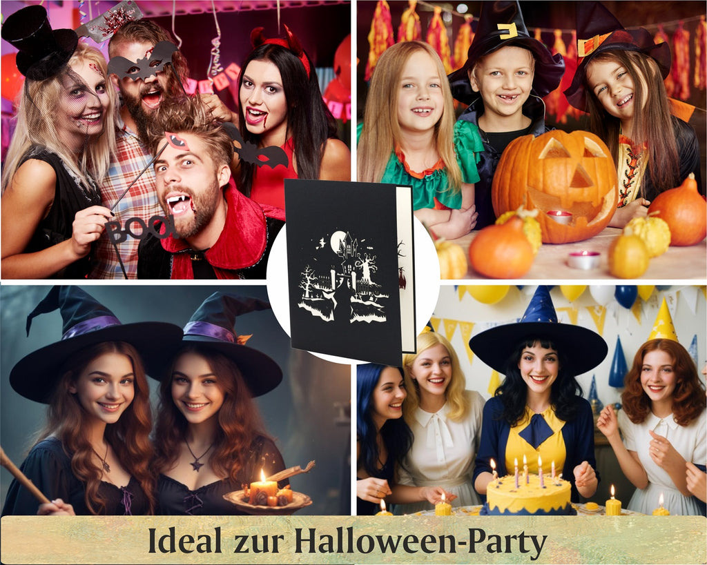 kinder, jugendliche und erwachsene feiern halloween mit einer schwarzen karte