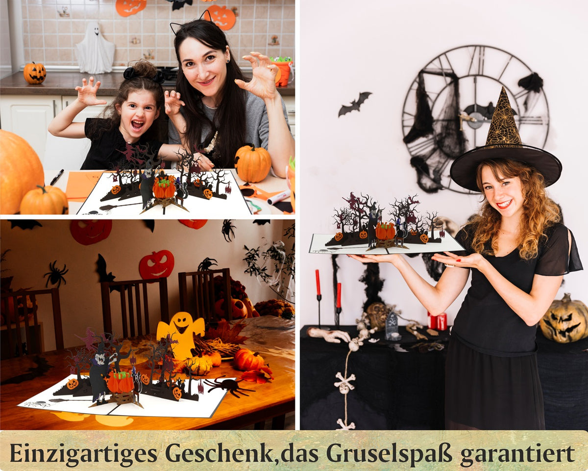 Collage mit Kindern und Frauen in Halloween-Dekoration, die die Pop-up-Karte zeigen, dazu der Text Einzigartiges Geschenk, das Gruselspaß garantiert.