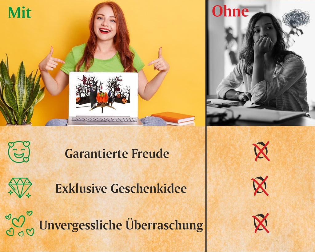 glückliche Frau mit Halloween Karte und unglückliche frau ohne karte