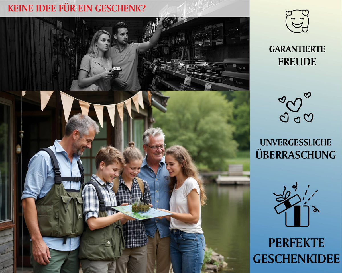 Eine Familie steht am Ufer eines Sees und betrachtet gemeinsam eine aufgeklappte Pop-up-Karte mit Anglermotiv, daneben Infografik mit Symbolen und den Texten KEINE IDEE FÜR EIN GESCHENK?, GARANTIERTE FREUDE, UNVERGESSLICHE ÜBERRASCHUNG, PERFEKTE GESCHENKIDEE.
