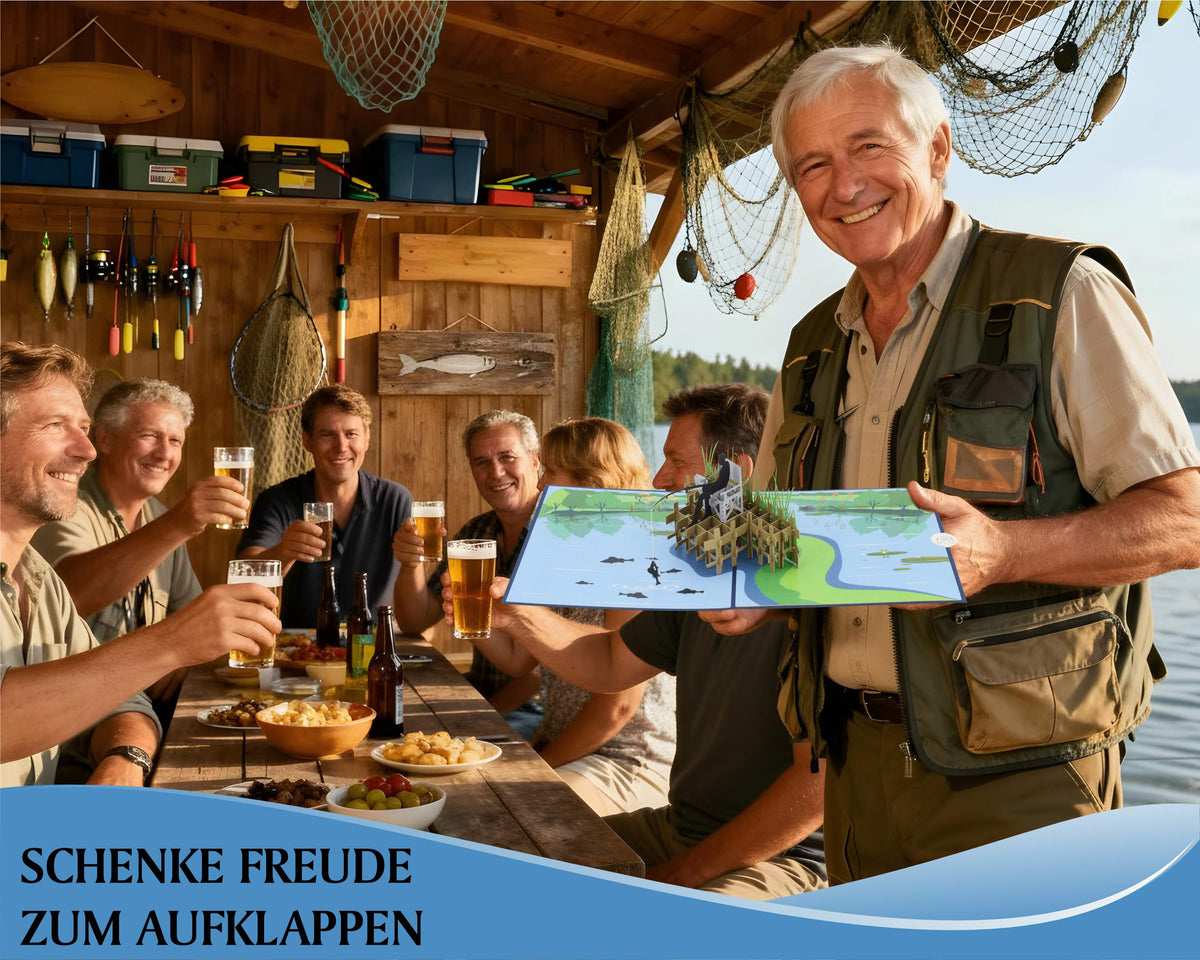 Mann in Anglerweste hält aufgeklappte geburtstag Pop-up-Karte mit Anglermotiv an einem Holztisch mit mehreren Personen und Getränken.