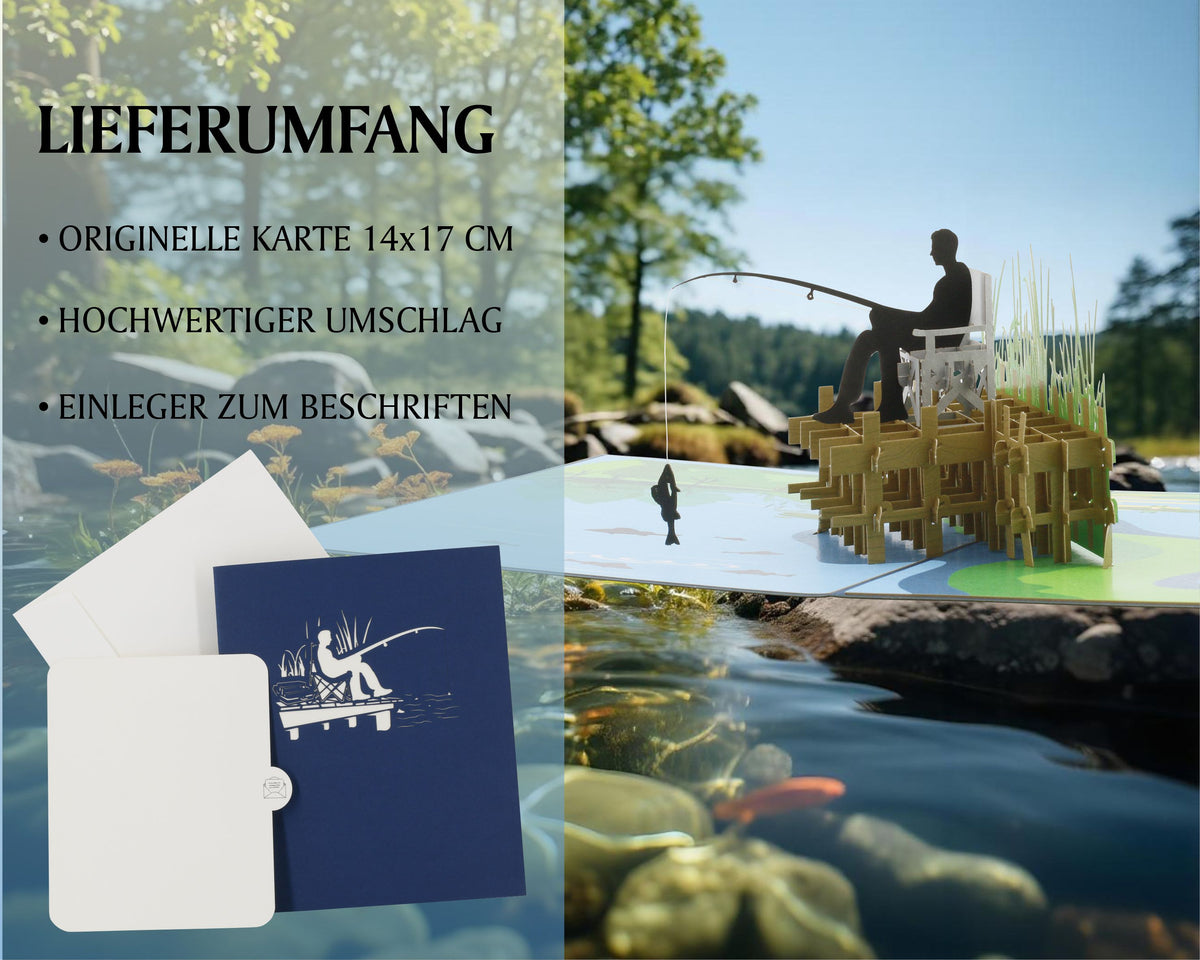 pop up karte mit einem angler beim angeln und einem Fisch am Haken. Im Hintergrund ist ein Fluss und Bäume in der Natur.