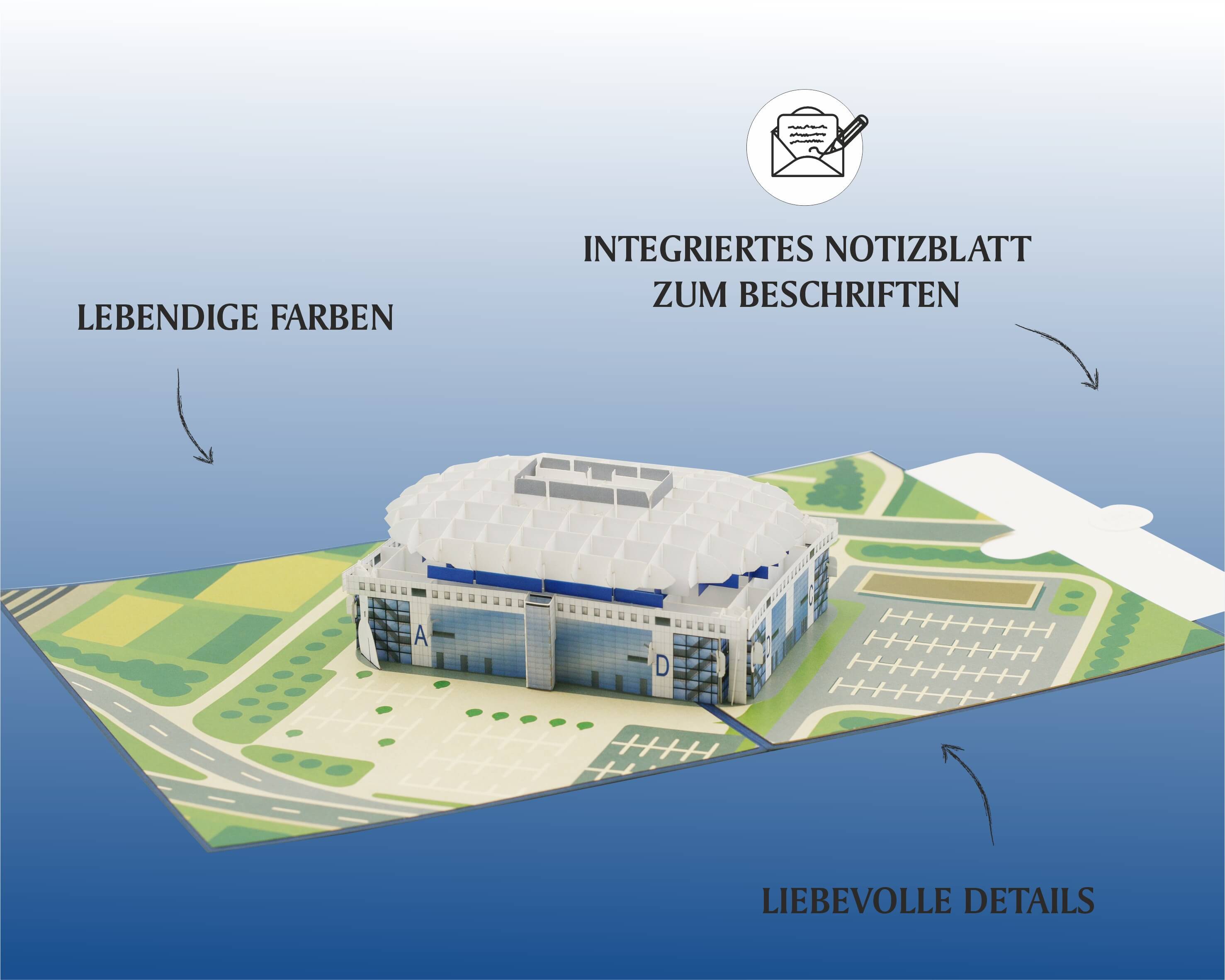 3d Klappkarte der Arena mit aufklappbaren Details, umgeben von Straßen und Grünflächen, mit eingezeichneten Beschriftungen und einem Einleger zum Beschriften.