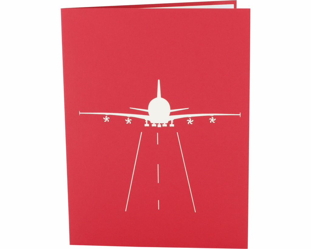 rote karte mit weißem flugzeug auf der Startbahn