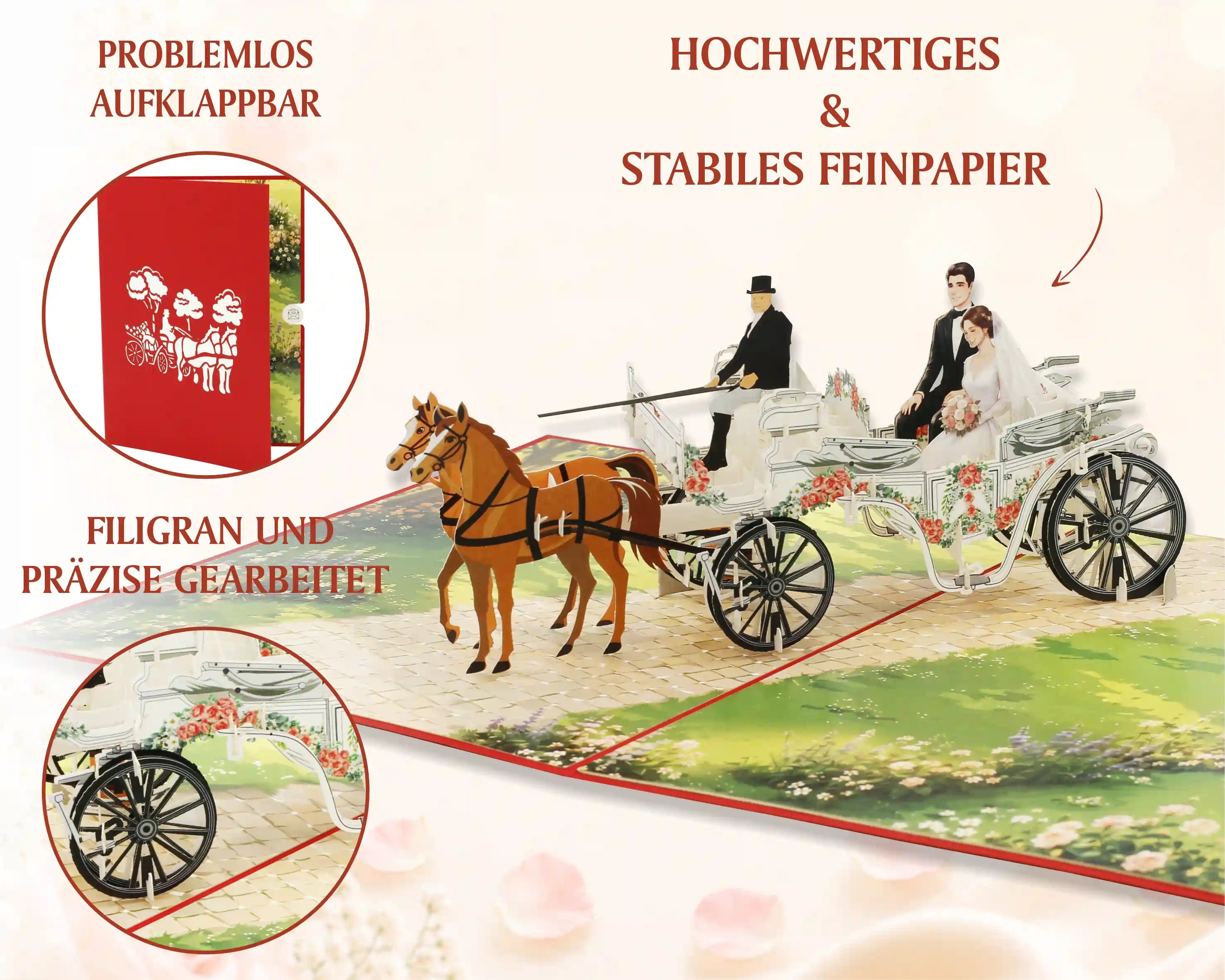 Aufgeklappte Pop-up-Karte mit einer Kutsche, in der ein Paar und ein Kutscher sitzen, gezogen von zwei Pferden, mit floralen Verzierungen und zwei Detailansichten der Verarbeitung.