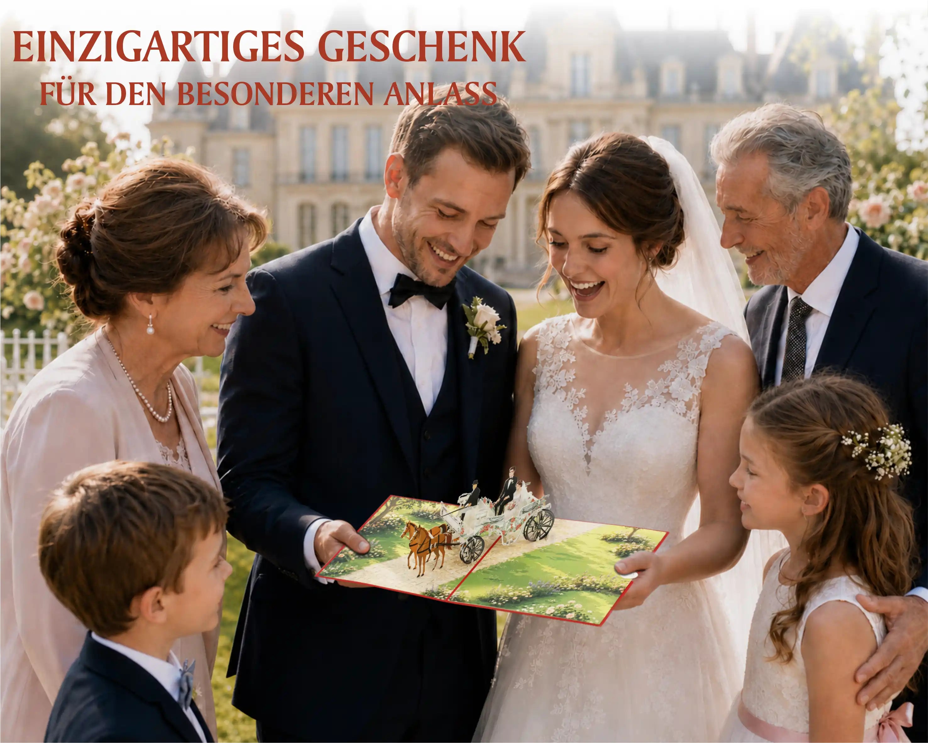 Brautpaar und Familie betrachten gemeinsam eine aufgeklappte Pop-up-Karte mit einer Hochzeitskutsche