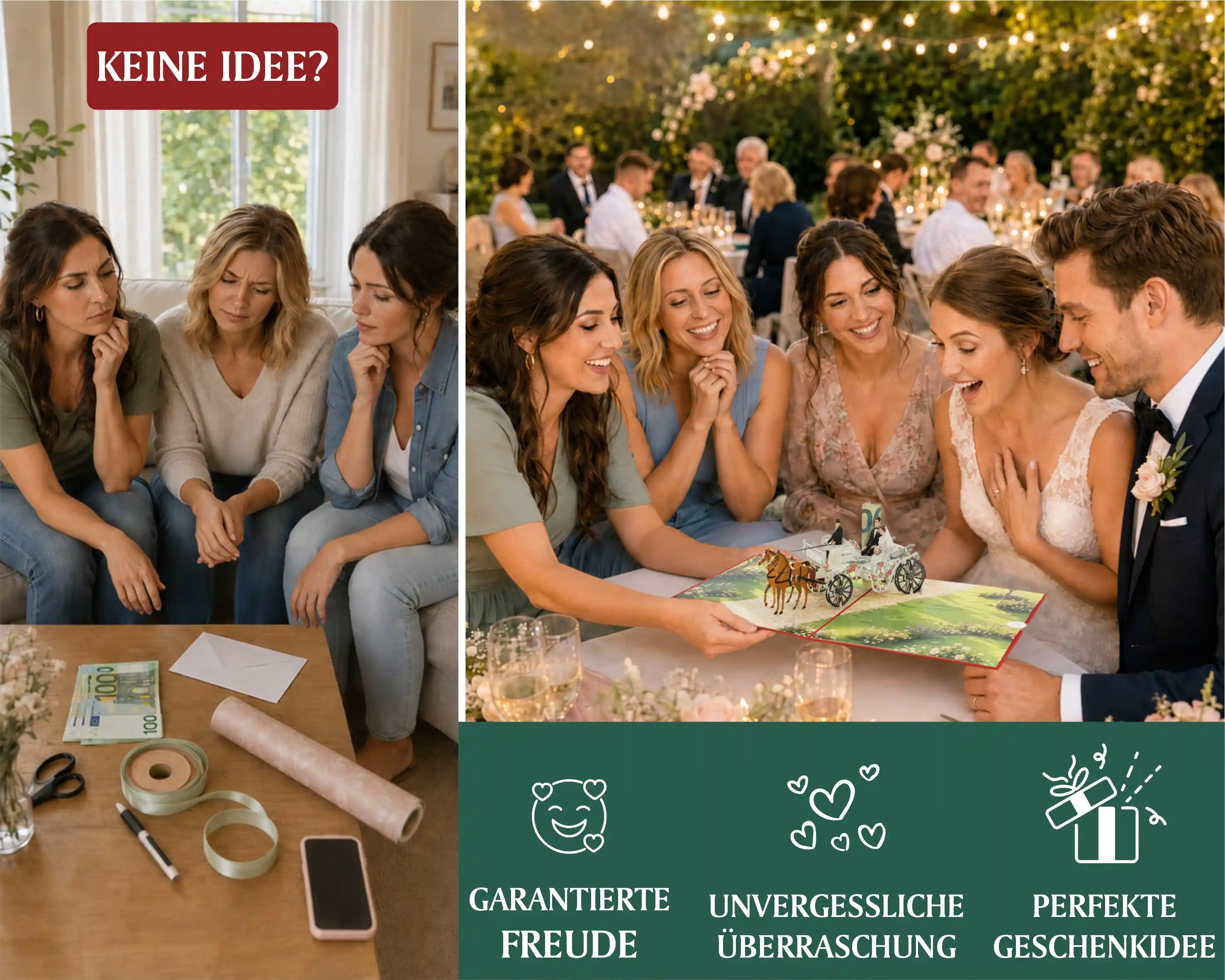 Vier Frauen sitzen auf einem Sofa und betrachten Bastelmaterial, daneben hält eine Gruppe von Hochzeitsgästen eine aufgeklappte Pop-up-Karte mit einer Kutsche.