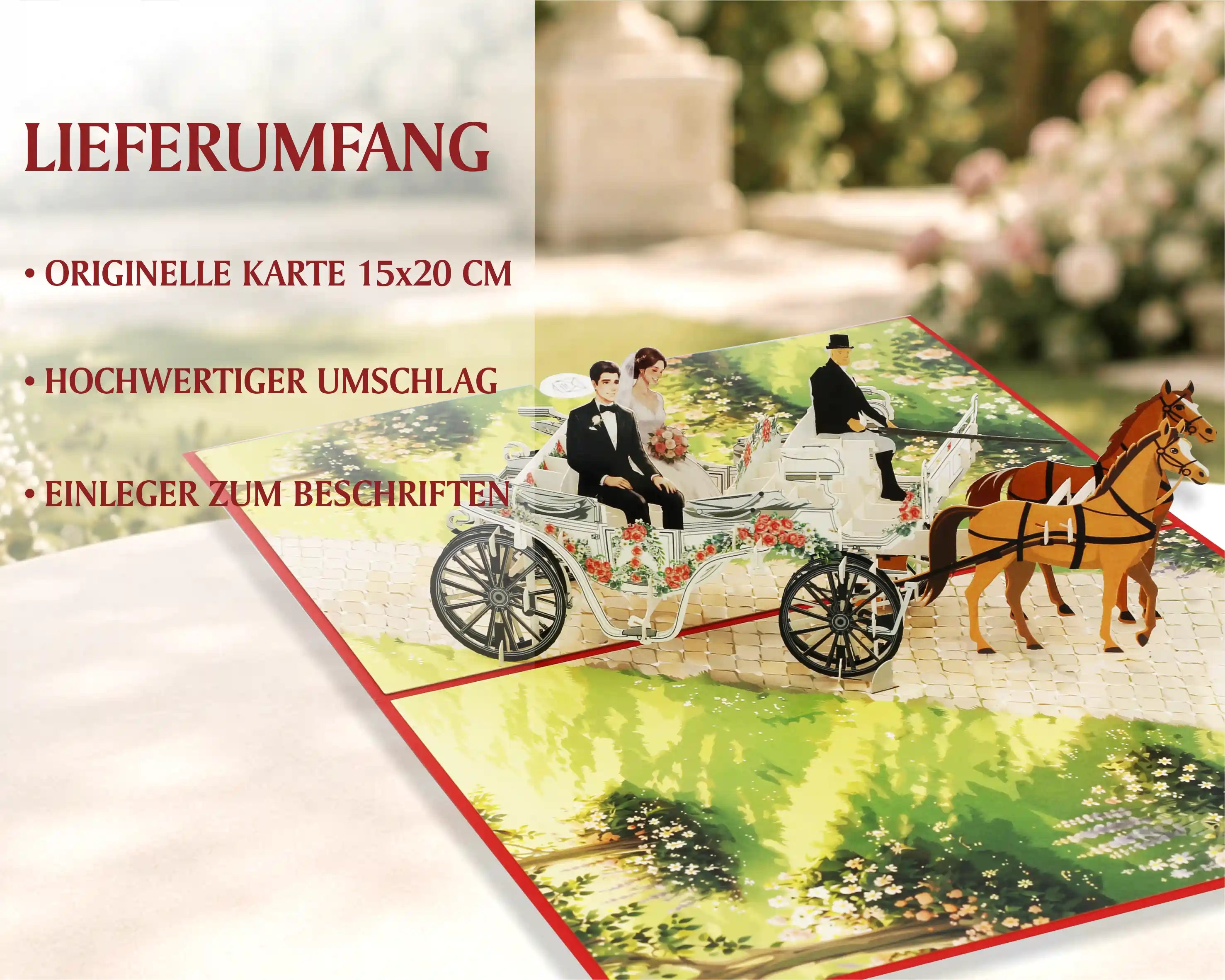 Geöffnete Pop-up-Karte mit einer Kutsche, in der zwei Figuren sitzen, und zwei Pferden auf einem Weg mit Blumenmuster.