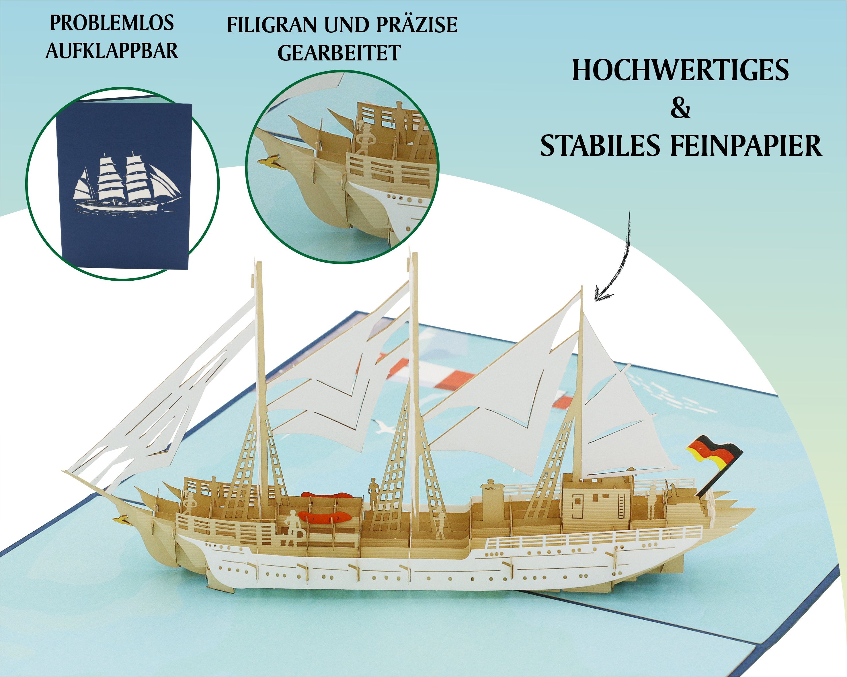 Aufgeklappte Pop-up-Karte mit dem Segelschiff Gorch Fock, dazu die Hinweise problemlos aufklappbar, filigran und präzise gearbeitet sowie hochwertiges und stabiles Feinpapier.