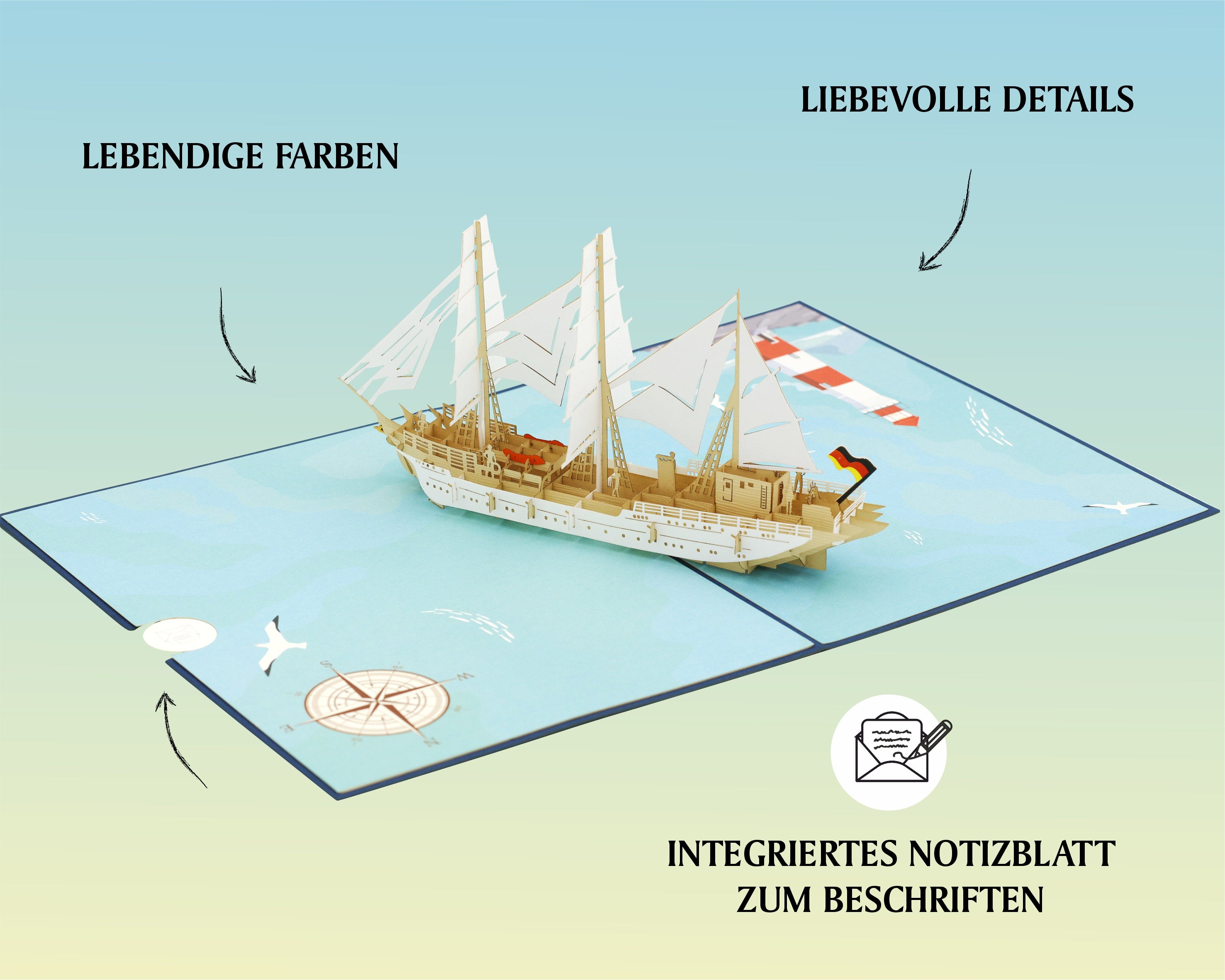Geöffnete Pop-up-Karte mit einem aufklappbaren Gorch Fock Segelschiff in der Mitte, Kompassrose und Möwe auf der Kartenfläche.