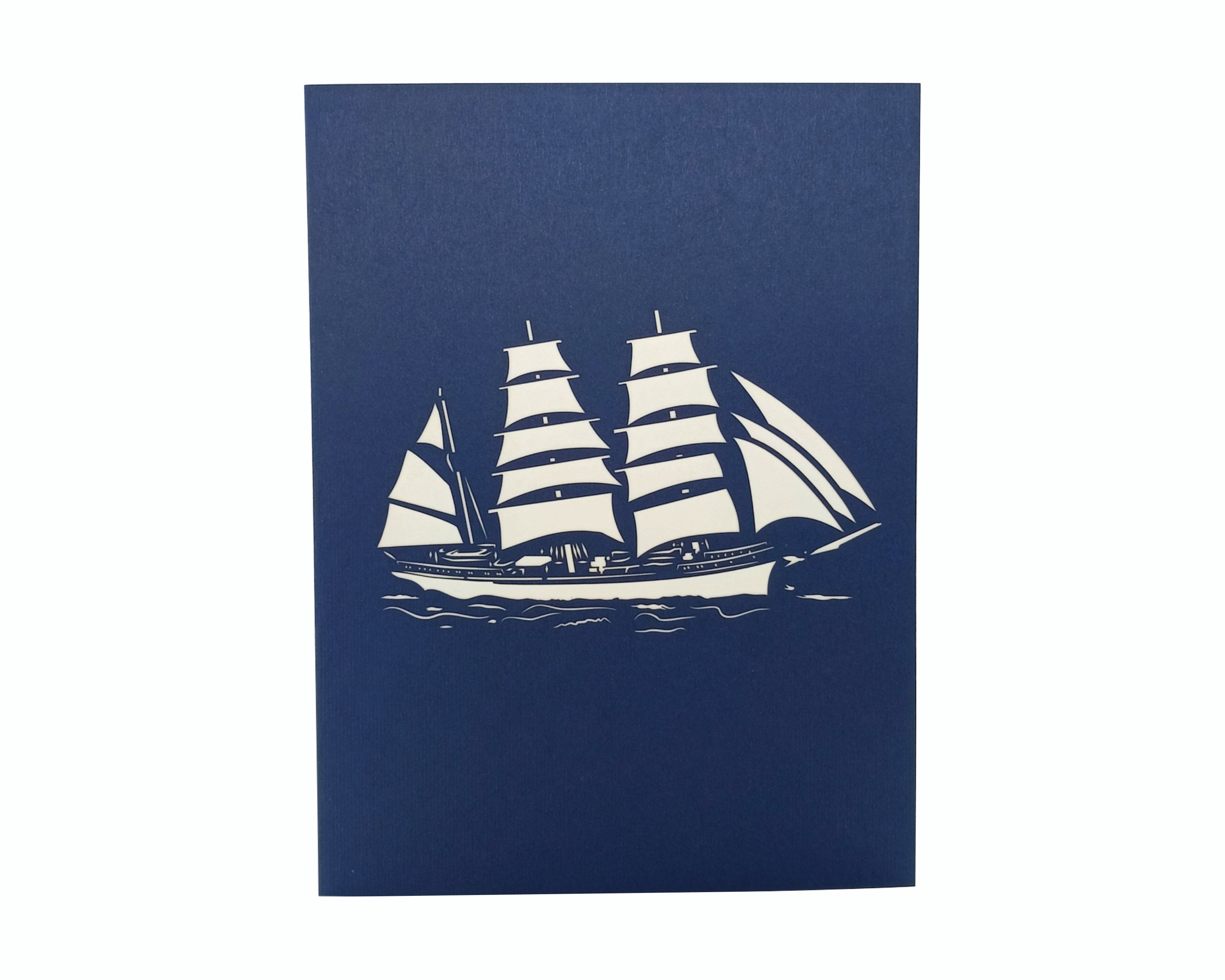 Blaue Karte mit Gorch Fock Schiff mit drei Segelmasten als ausgeschnittenes Motiv im Scherenschnitt Stil.