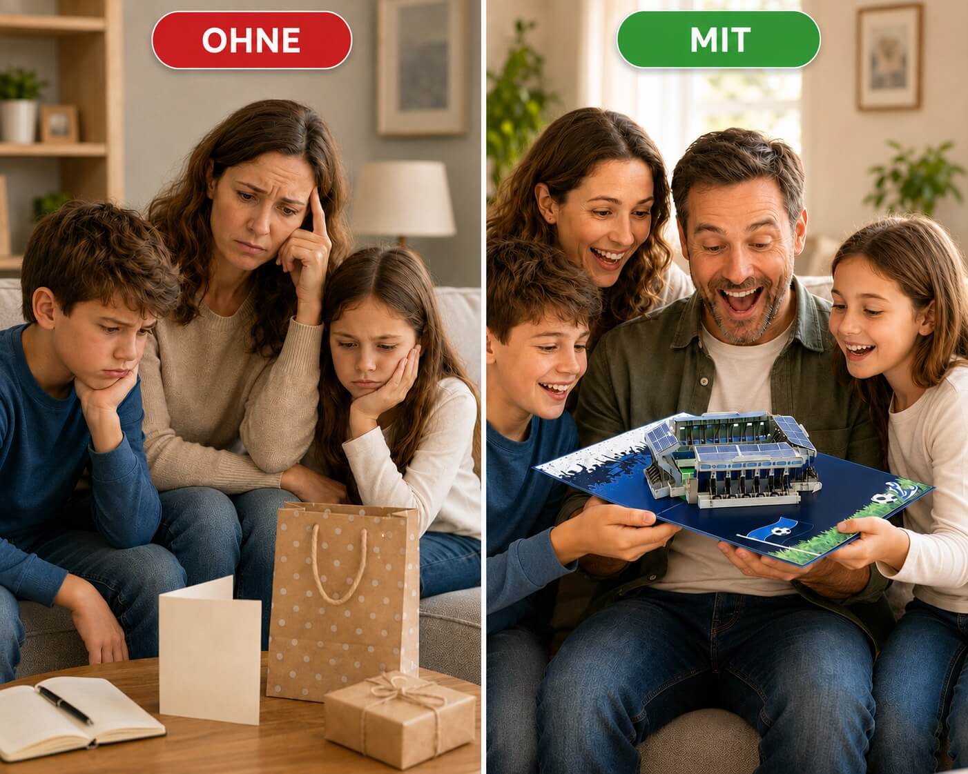 Zwei Erwachsene und zwei Kinder sitzen auf einem Sofa, links ohne eine Idee was verschenkt werden kann, rechts mit einer aufgeklappten Pop-up-Karte mit Stadionmodell Mannheim und jetzt lachen alle und freuen sich.