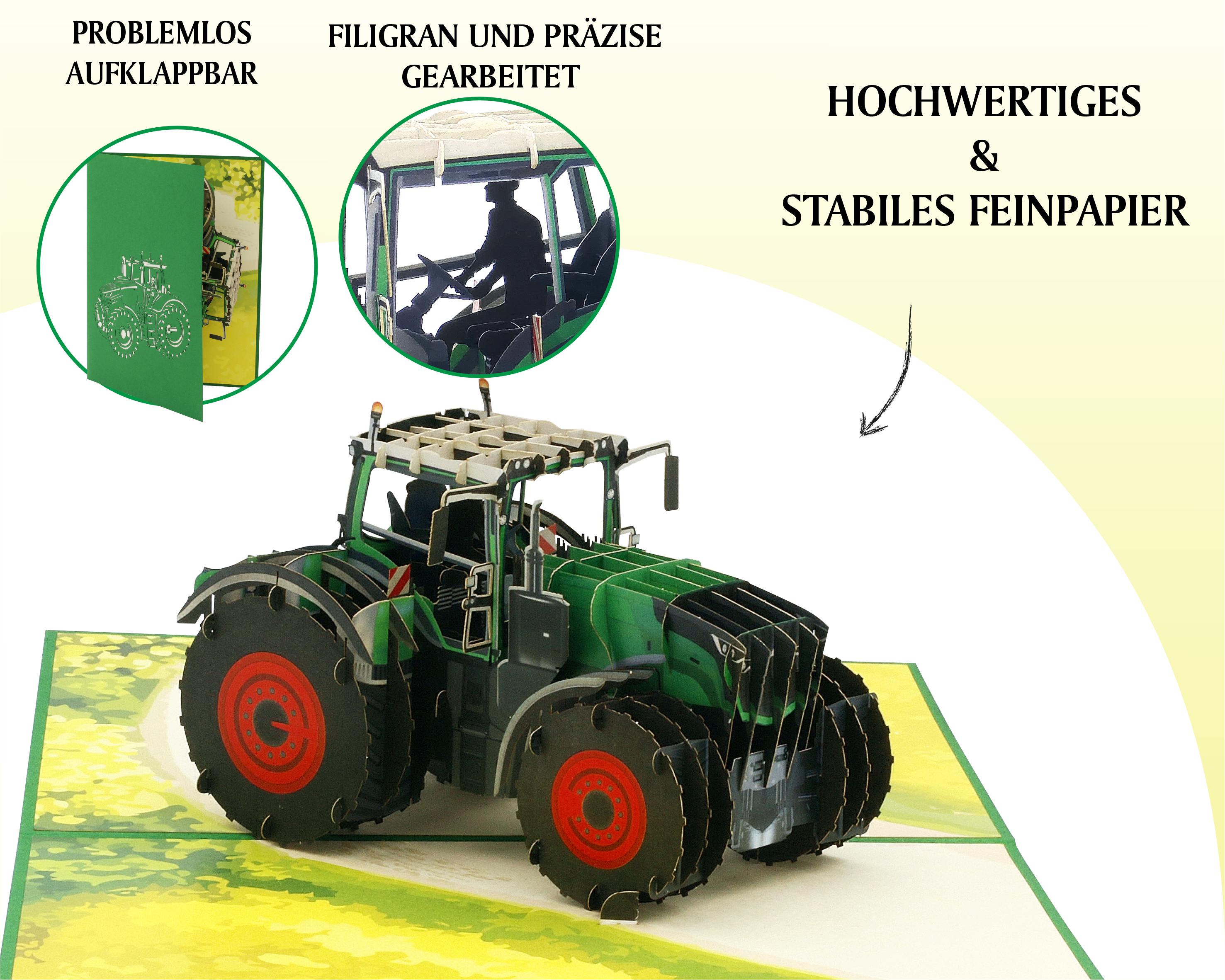 Aufgeklappte Pop-up-Karte mit grünem Traktor, dazu die Hinweise problemlos aufklappbar, filigran und präzise gearbeitet sowie hochwertiges und stabiles Feinpapier.