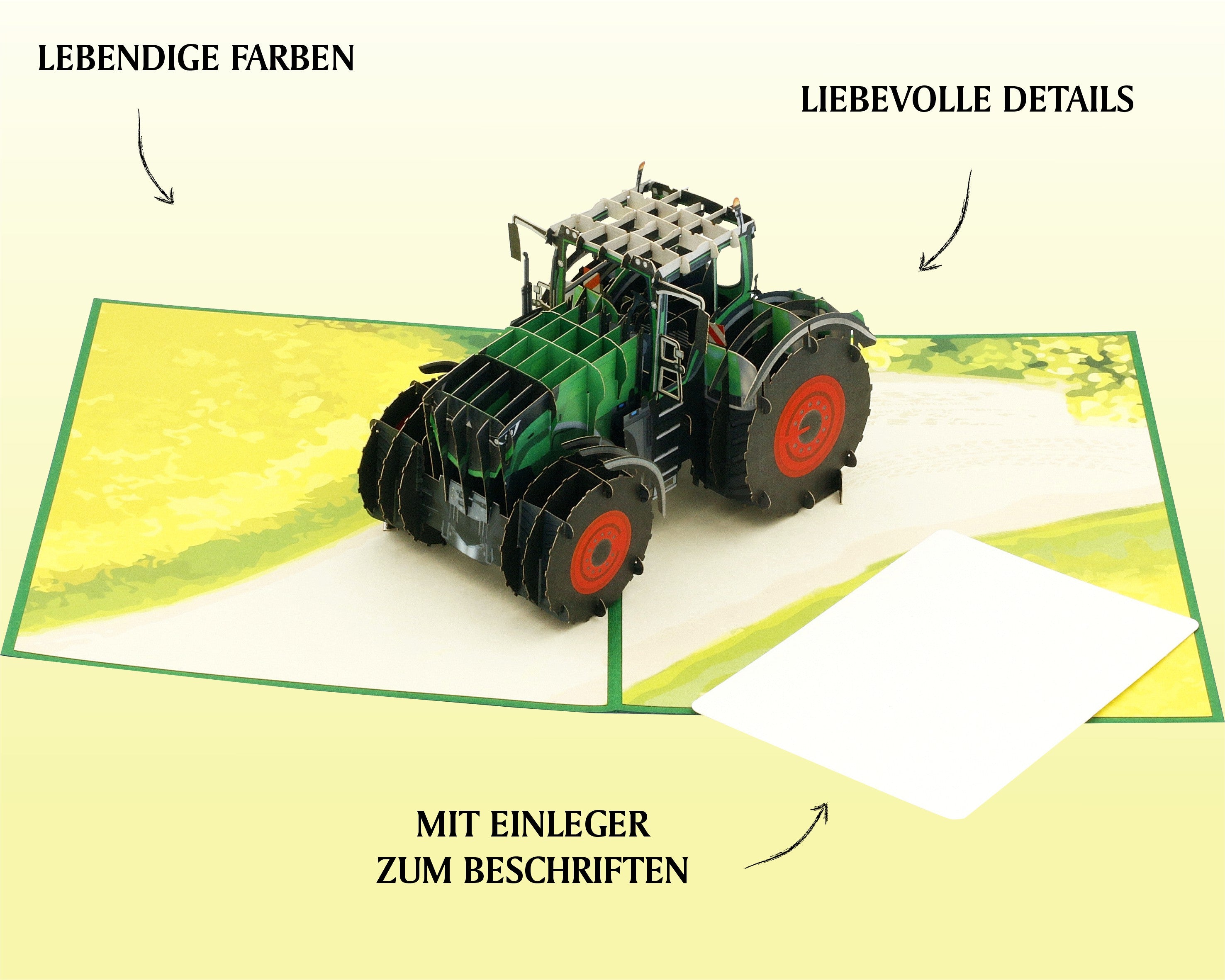 Aufgeklappte Pop-up-Karte mit detailreichem Traktor Modell aus Papier auf einem Feldweg und einem passenden Einleger zum Beschriften