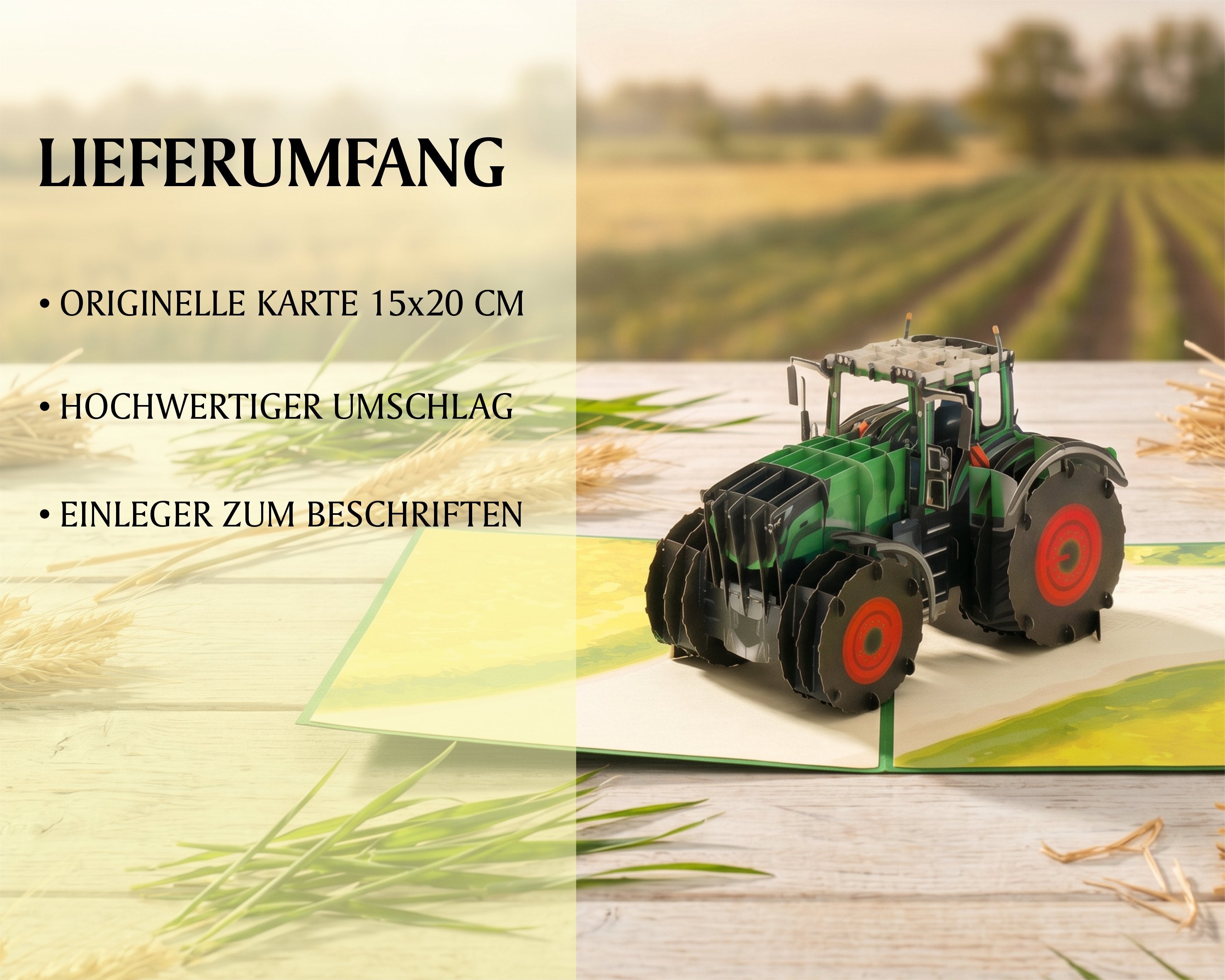 Aufgeklappte Pop-up-Karte mit detailreichem Traktor Modell aus Papier. Im Hintergrund ist ein Acker in der Natur abgebildet.