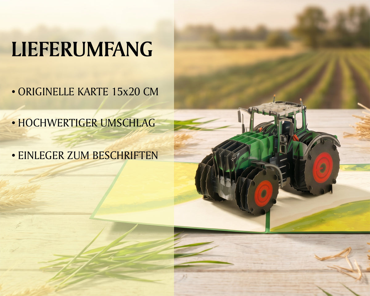 Aufgeklappte Pop-up-Karte mit detailreichem Traktor Modell aus Papier. Im Hintergrund ist ein Acker in der Natur abgebildet.