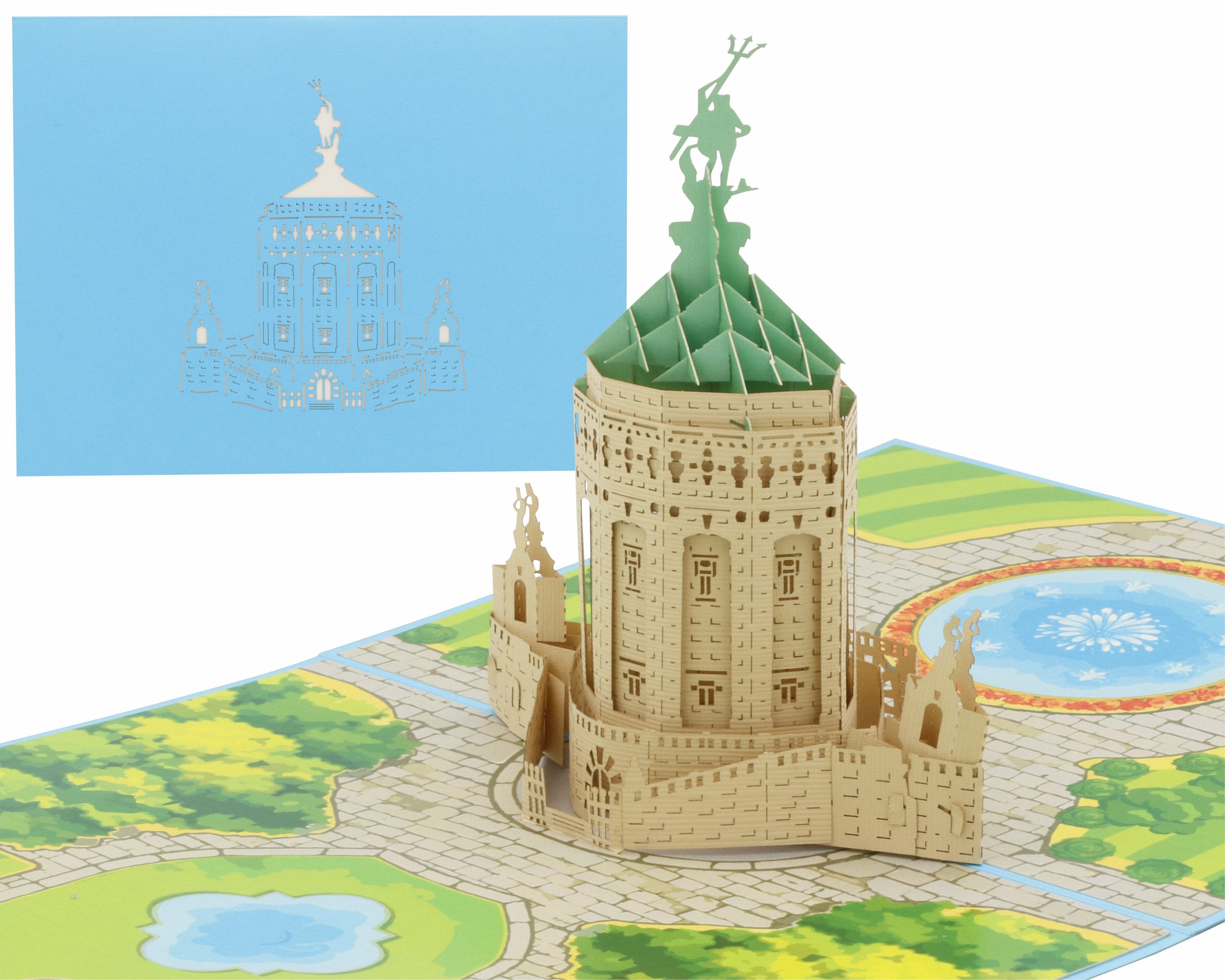 Aufgeklappte Pop-up-Karte mit dem Mannheimer Wasserturm und der Parkanlage, dahinter die blaue Kartenvorderseite mit Wasserturm-Scherenschnitt.