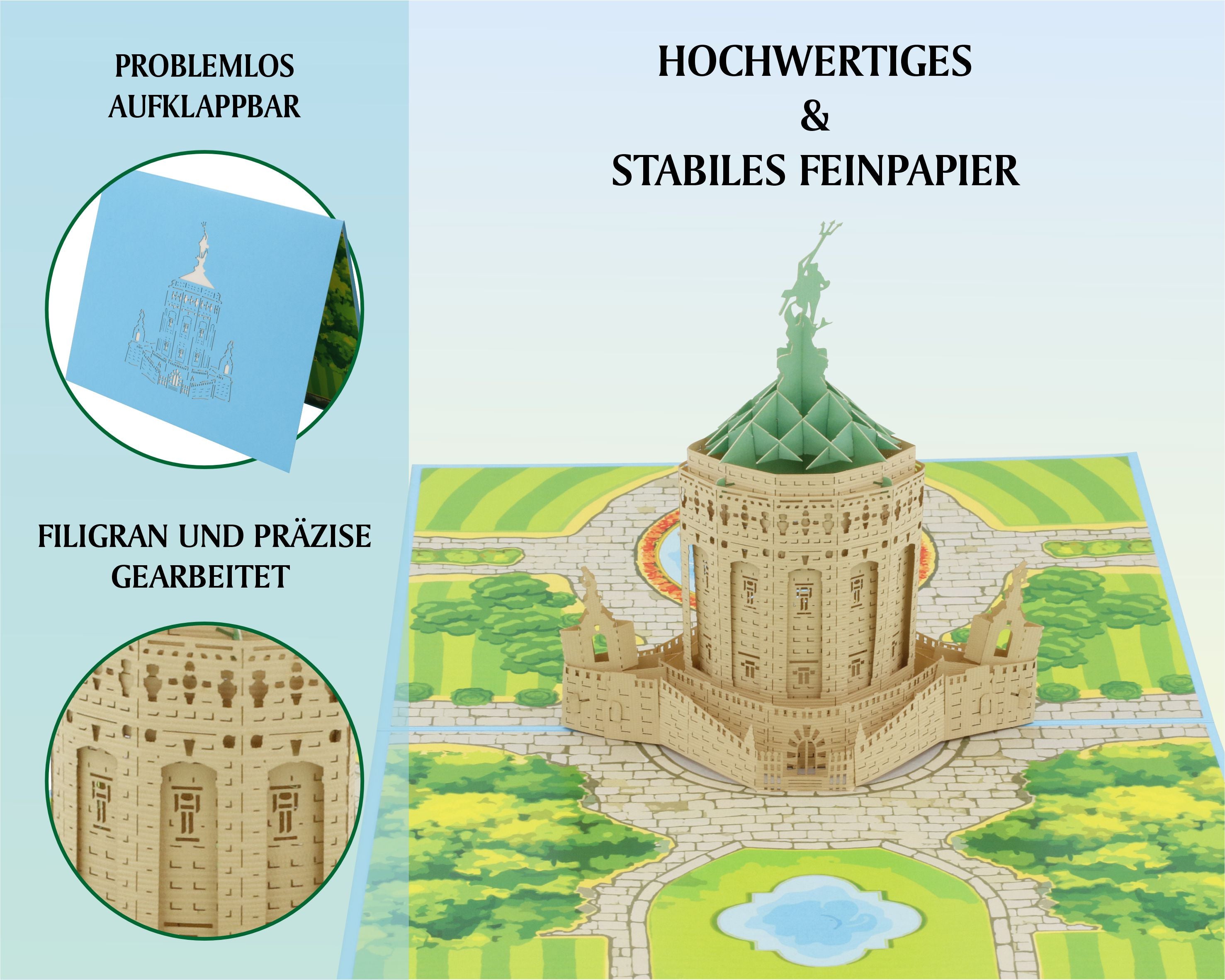 Aufgeklappte Pop-up-Karte mit dem Mannheimer Wasserturm, dazu die Hinweise problemlos aufklappbar, filigran und präzise gearbeitet sowie hochwertiges und stabiles Feinpapier.