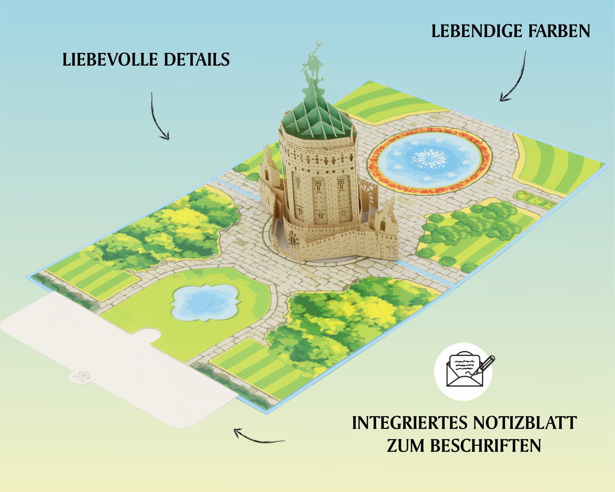 Aufgeklappte Pop-up-Karte mit detailreichem Mannheimer Wasserturm und angedeuteter Parklandschaft.