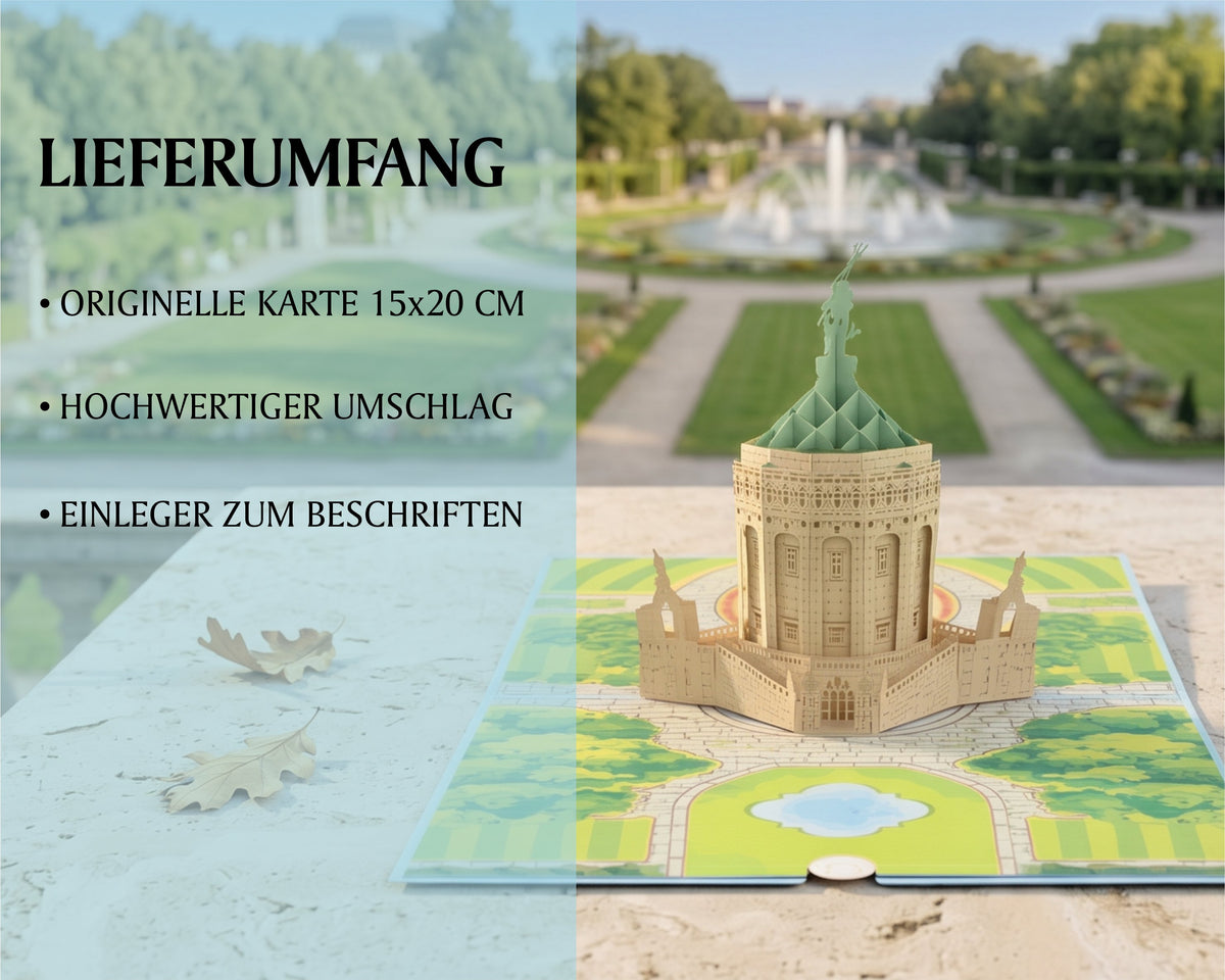 Aufgeklappte Pop-up-Karte mit detailreichem Mannheimer Wasserturm und angedeuteter Parklandschaft, im Hintergrund.