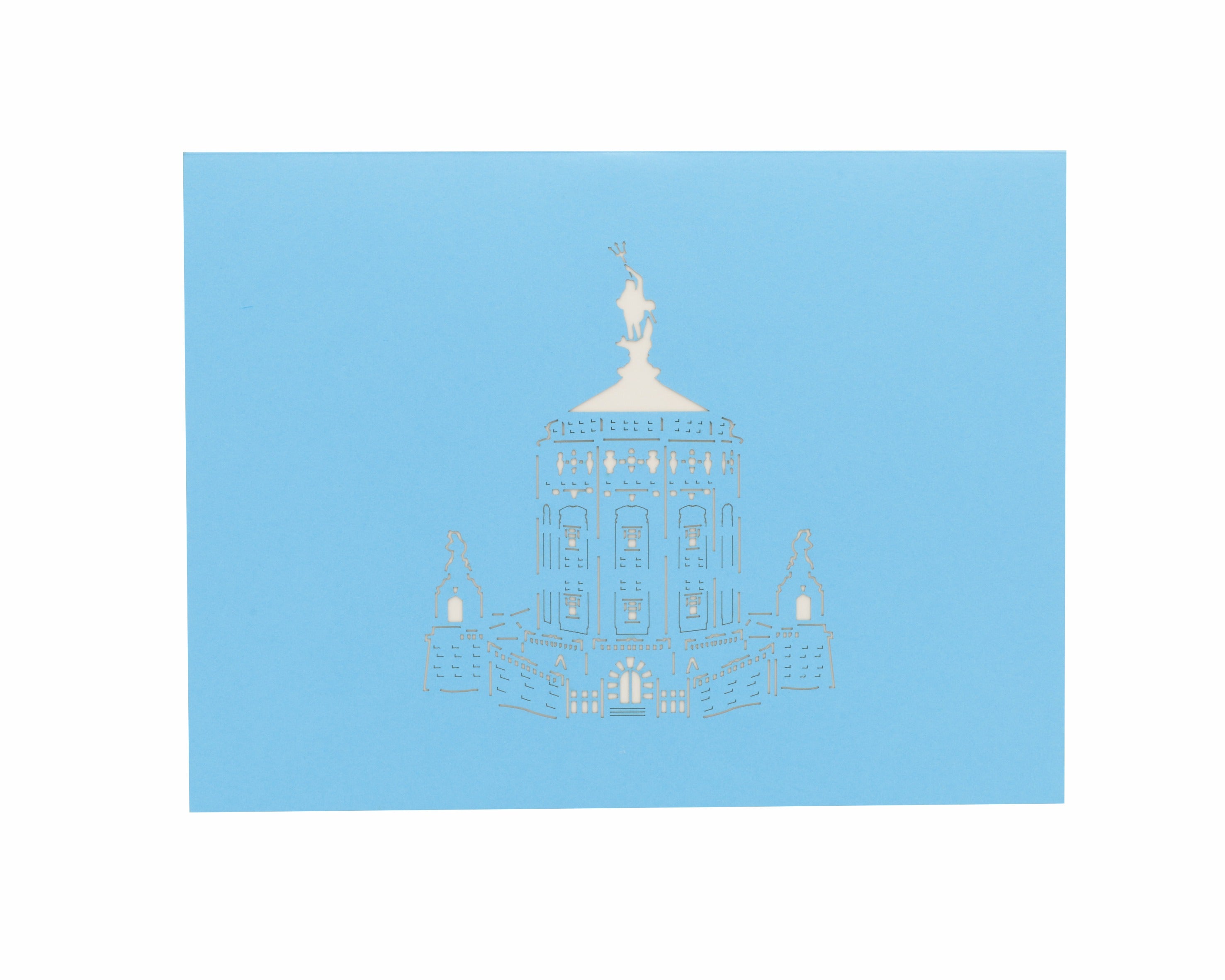 Blaue Karte mit einem Scherenschnitt vom Mannheimer Wasserturm.