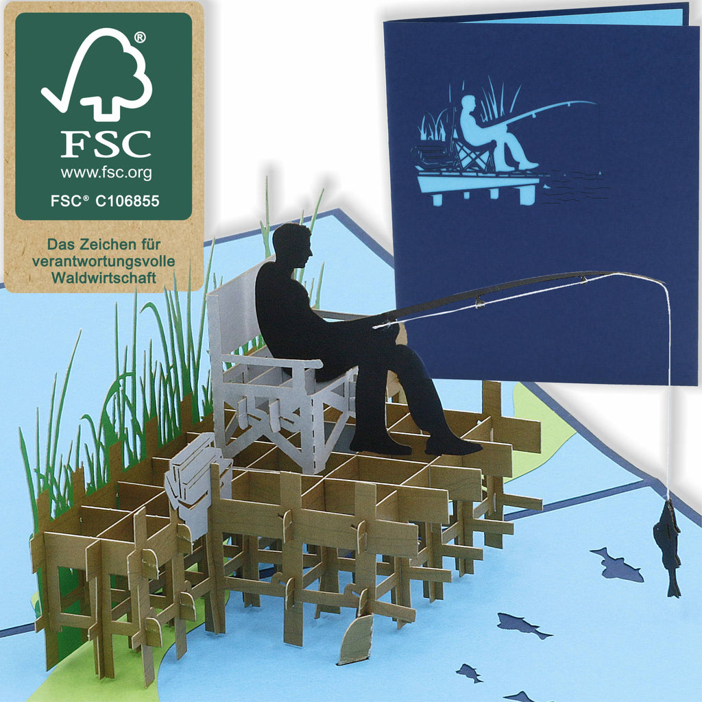 pop up Karte mit einem angler auf einem Steg mit einem Fisch am Hanken