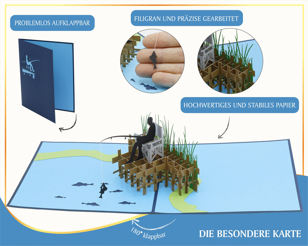 3d Karte mit einem angler auf einem Steg mit einem Fisch am Hanken