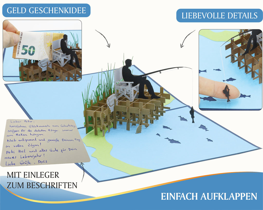 Klappkarte mit einem angler auf einem Steg mit einem Fisch am Hanken, als Geldgeschenk