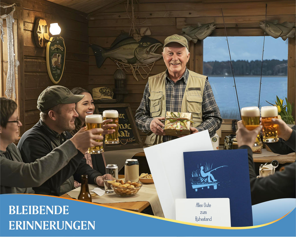 Rentner mit freunden in einer huette, der eine Angler Klappkarte zum Ruhestand bekommt