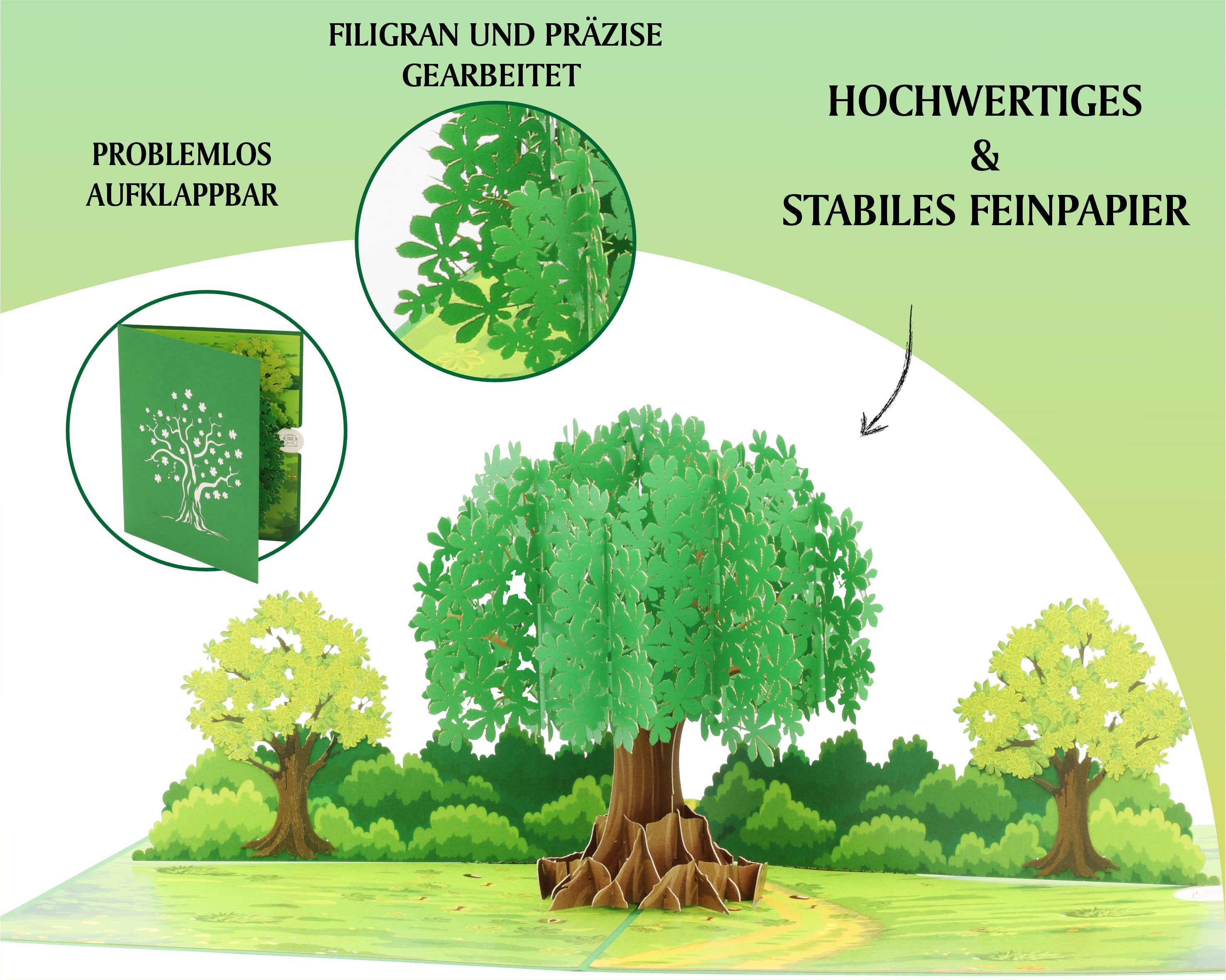 Aufgeklappte Pop-up-Karte mit einem grünen Baum in sommerlicher Landschaft, dazu die Hinweise problemlos aufklappbar, filigran und präzise gearbeitet sowie hochwertiges und stabiles Feinpapier.