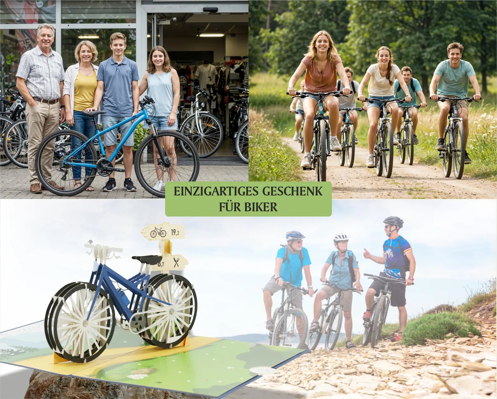 Collage mit Gruppen von Menschen auf Fahrrädern, einer Pop-up-Karte mit blauem Fahrrad und dem Text EINZIGARTIGES GESCHENK FÜR BIKER in der Mitte