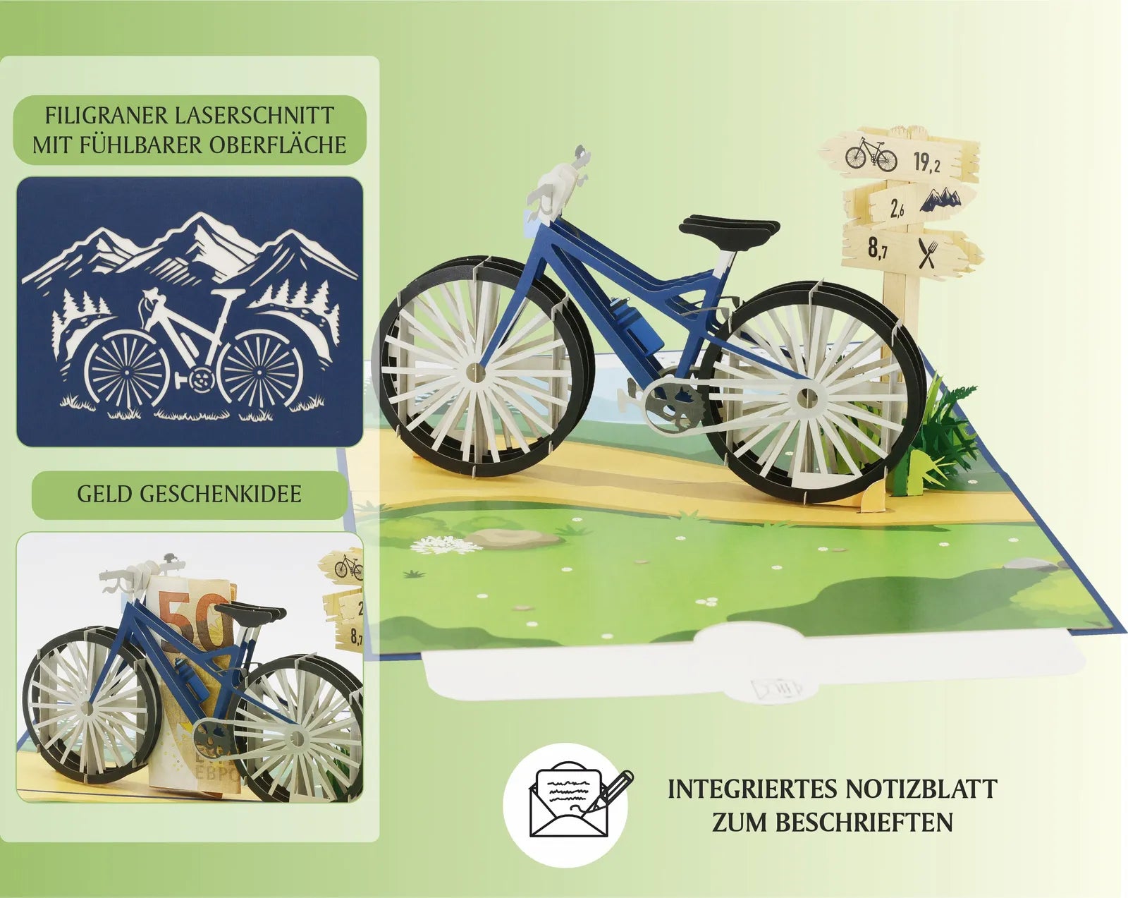 Aufgeklappte Pop-up-Karte mit filigranem Fahrradmodell, Wegweiser und angedeuteter Landschaft, daneben Detailansichten und die Verwendung als Geldgeschenk.