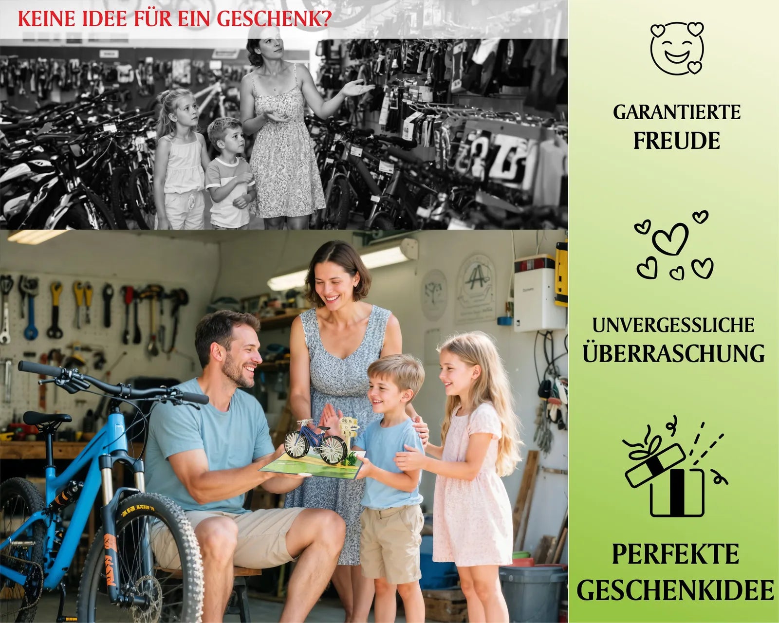 Familie mit zwei Kindern überreicht sich in einer Werkstatt eine Pop-up-Karte mit Fahrradmotiv, im Hintergrund Fahrräder und Werkzeuge sichtbar