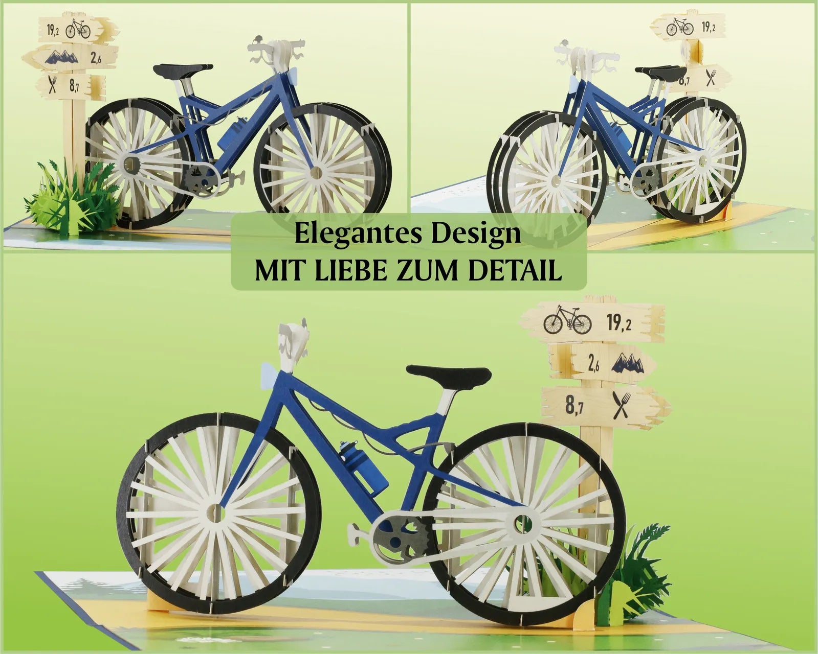 3d Klappkarte aus papier mit einem blauen Fahrrad in verschiedenen Ansichten. Im Hintergrund einen Wegweiser mit Radweg.
